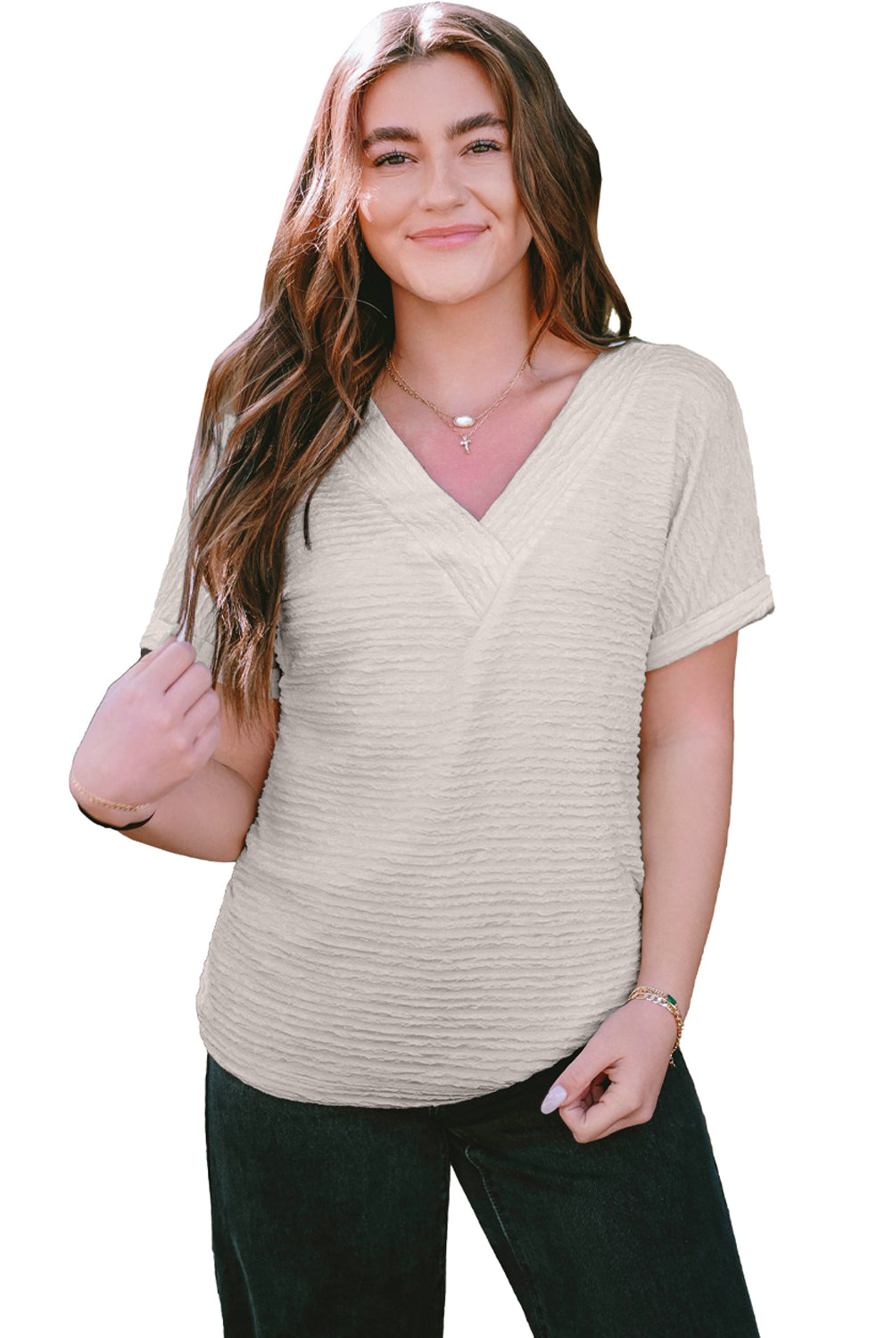 Pale Khaki Solid Color V-Neck Textured T Shirt