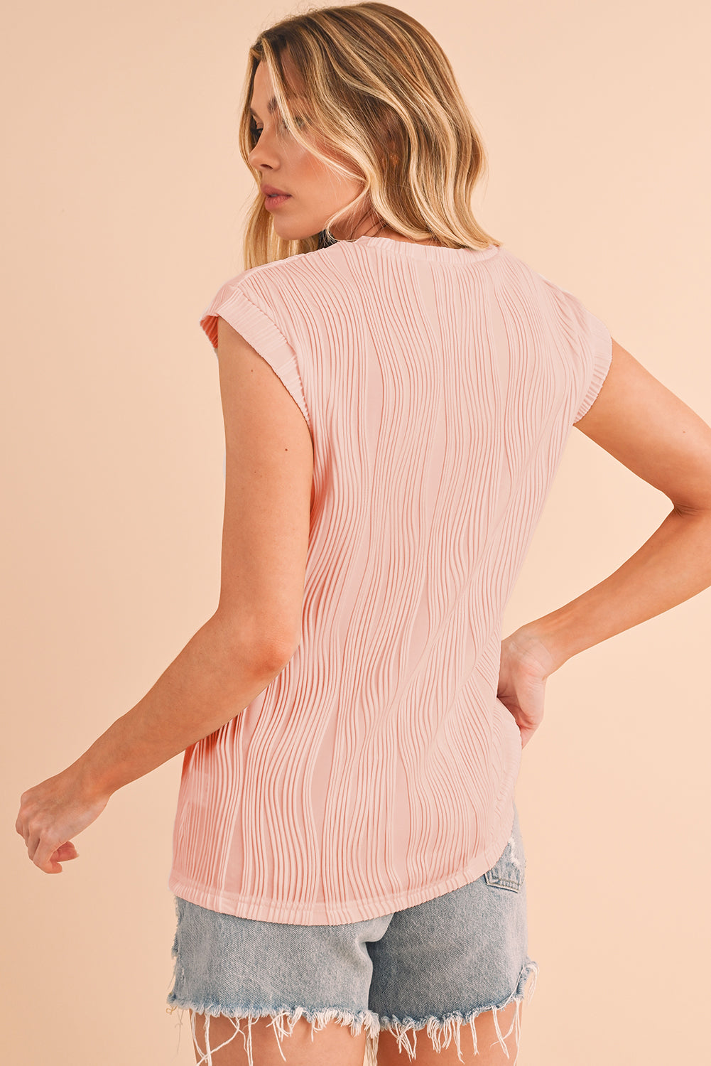 Apricot Wavy Textured Cap Sleeve Round Neck Blouse