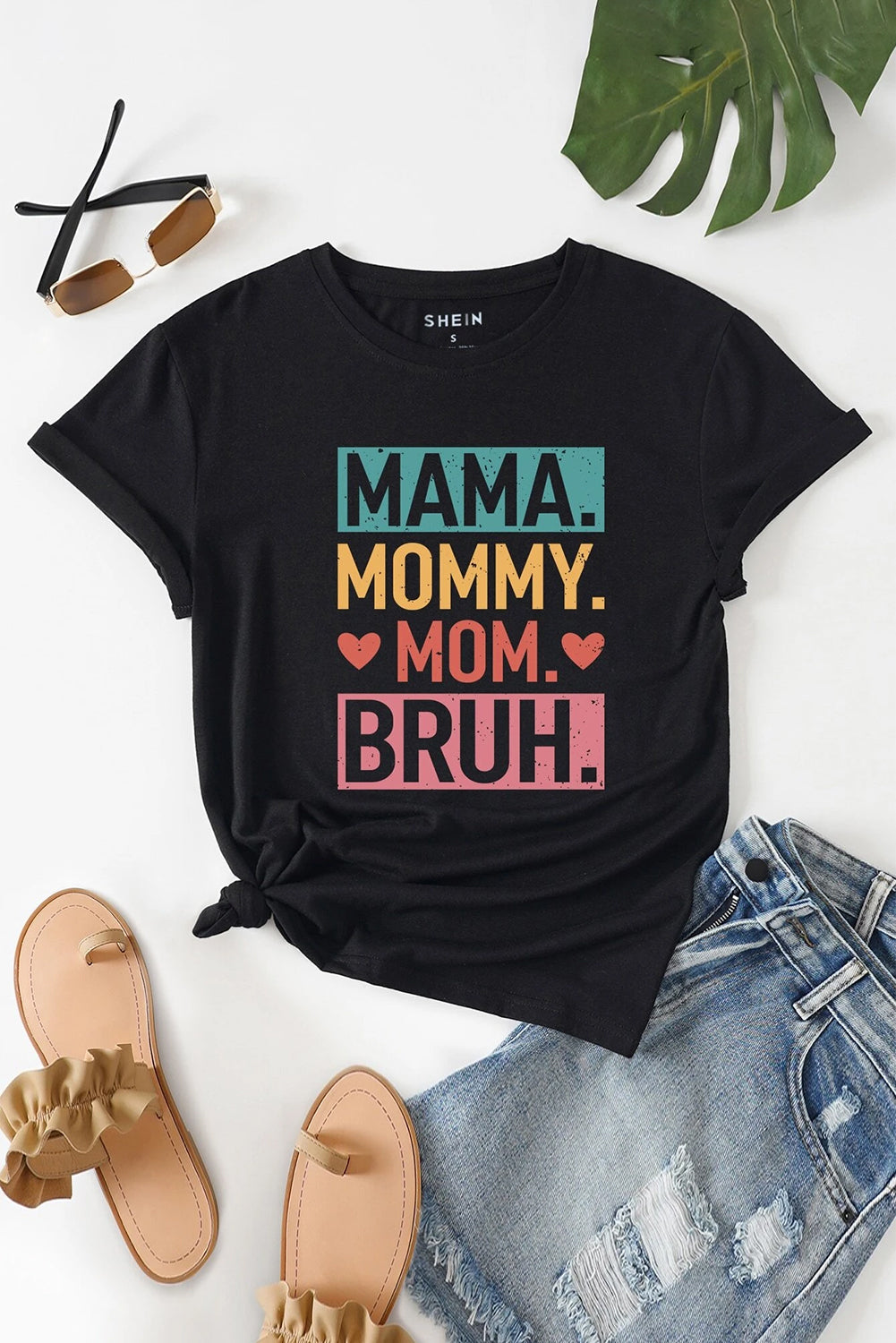 Black MAMA MOMMY MOM BRUH Letter Graphic Tee