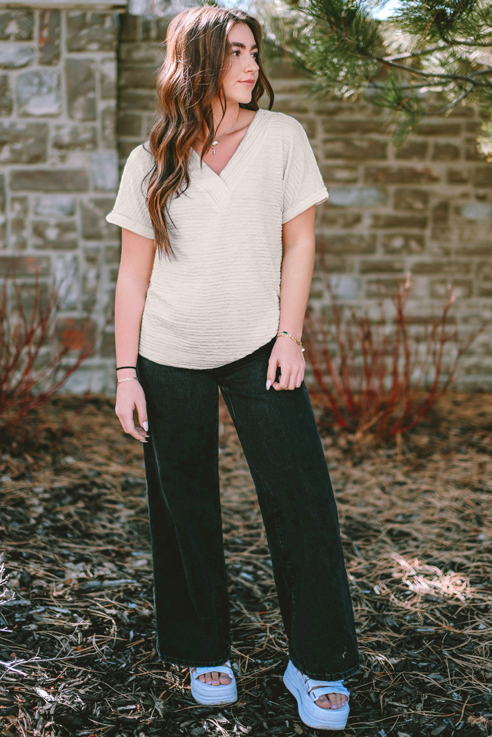 Pale Khaki Solid Color V-Neck Textured T Shirt