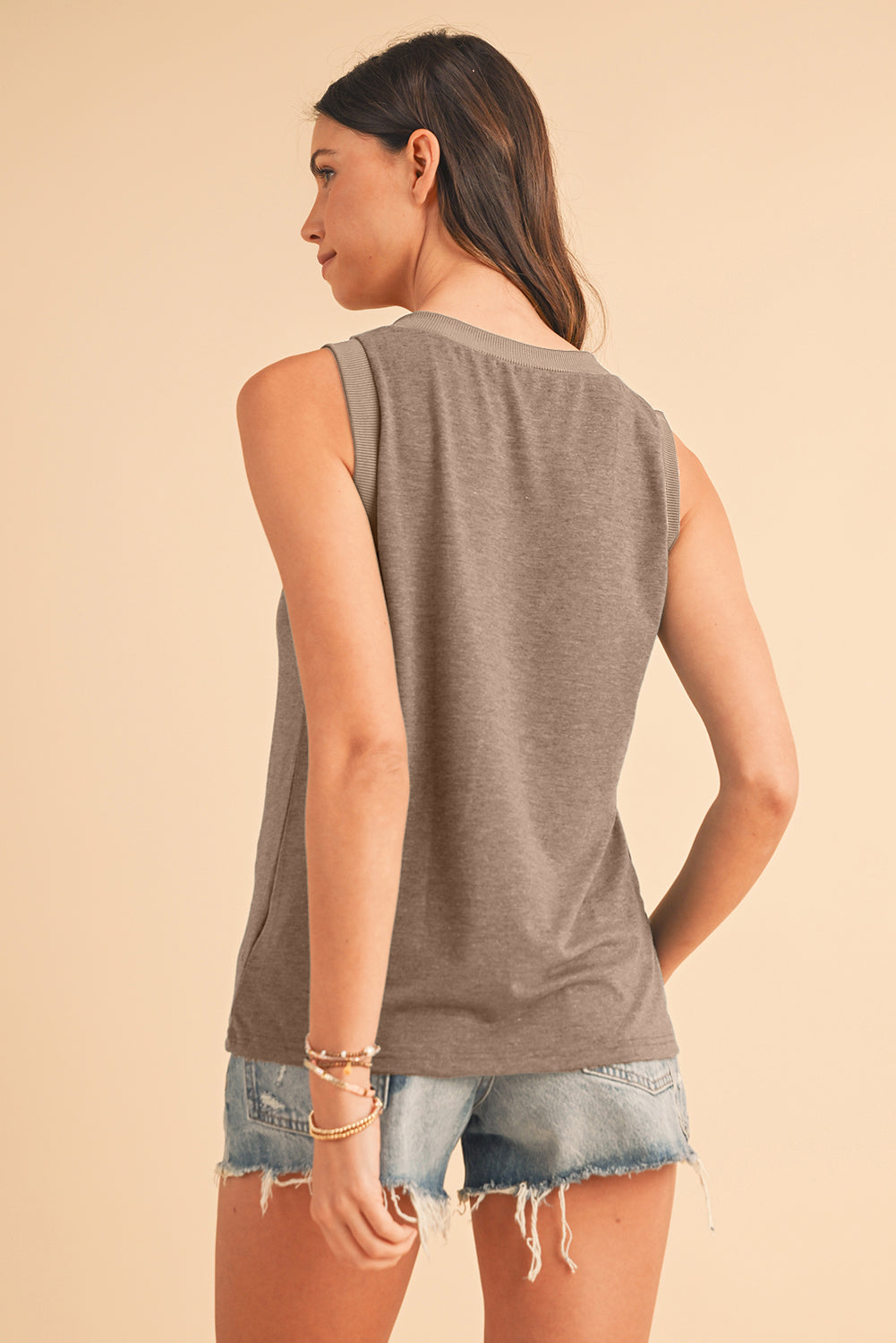 Mist Green Contrast Trim V-Neck Loose Fit Tank Top