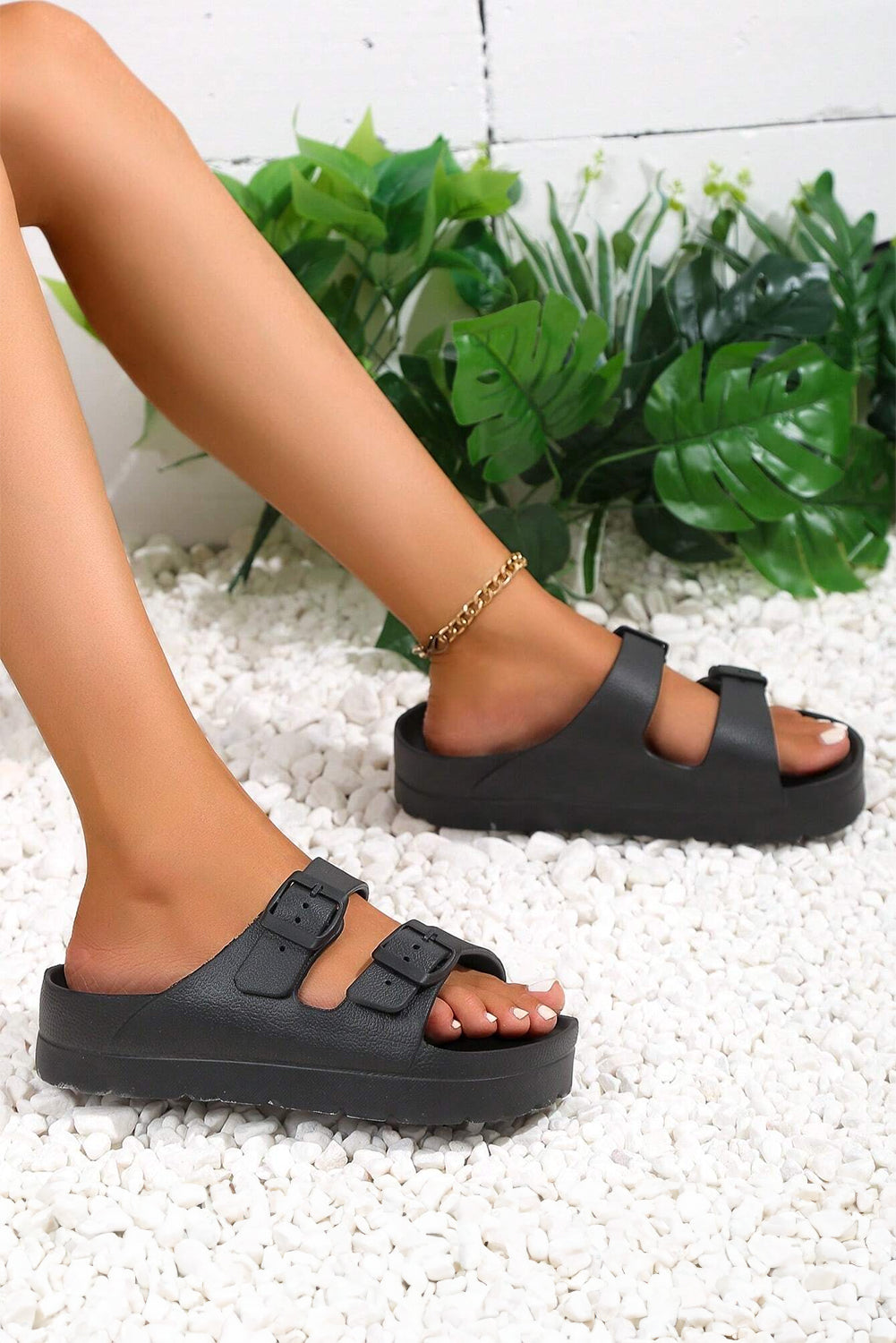 White Solid Color Buckle Straps Beach Slides Shoes