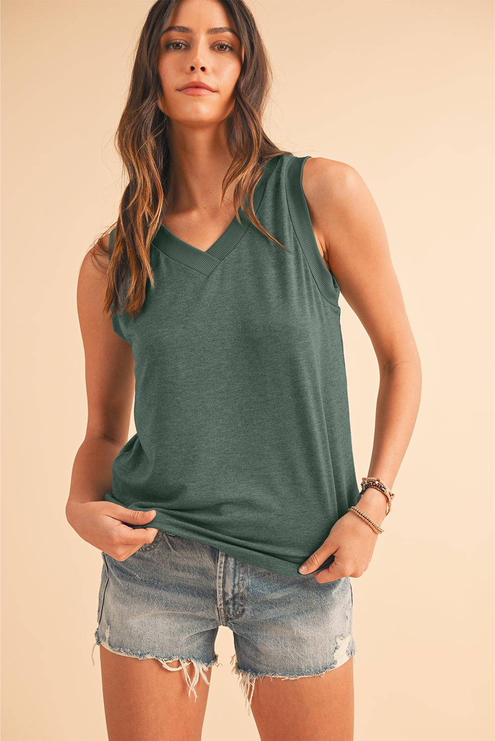 Mist Green Contrast Trim V-Neck Loose Fit Tank Top