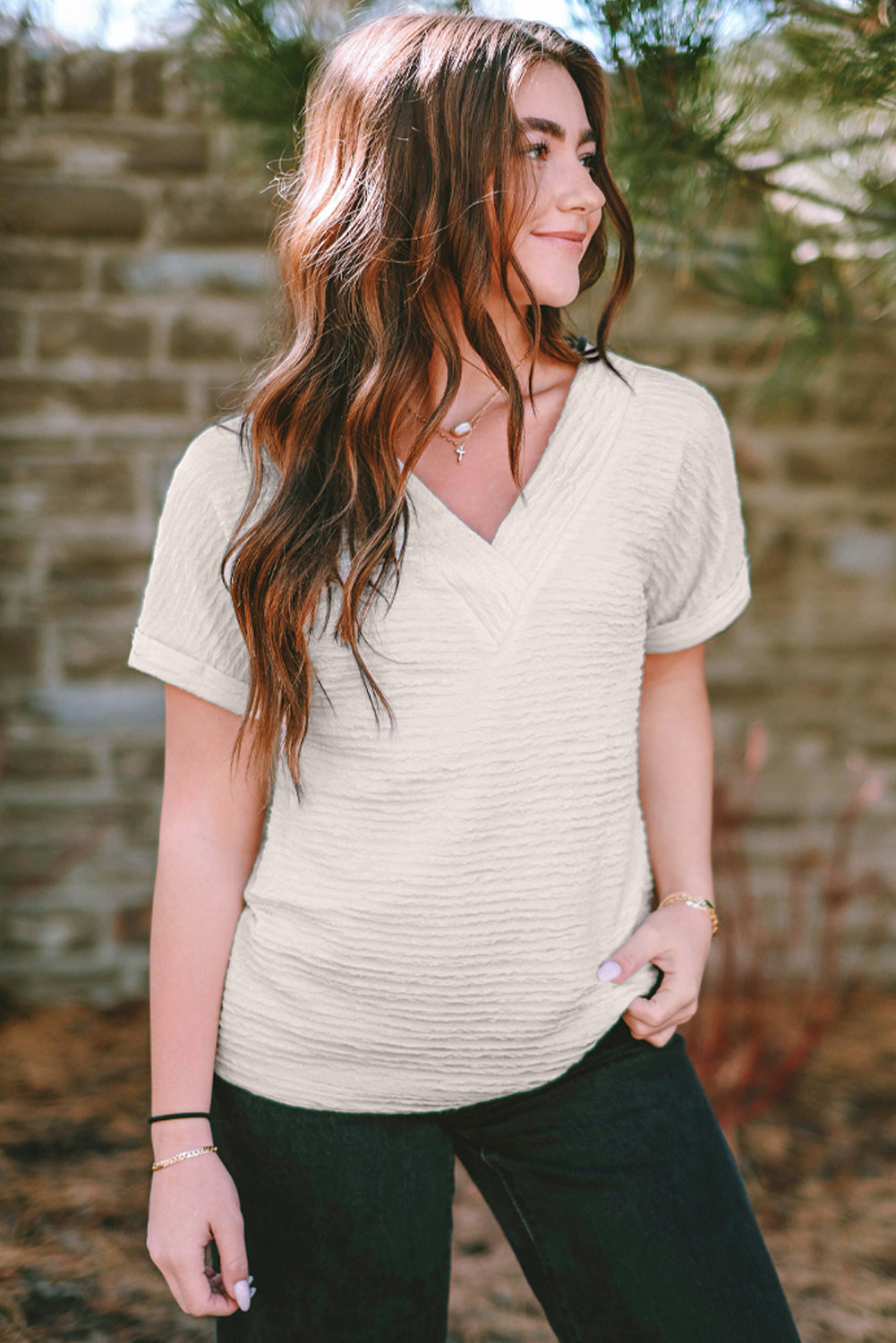 Pale Khaki Solid Color V-Neck Textured T Shirt