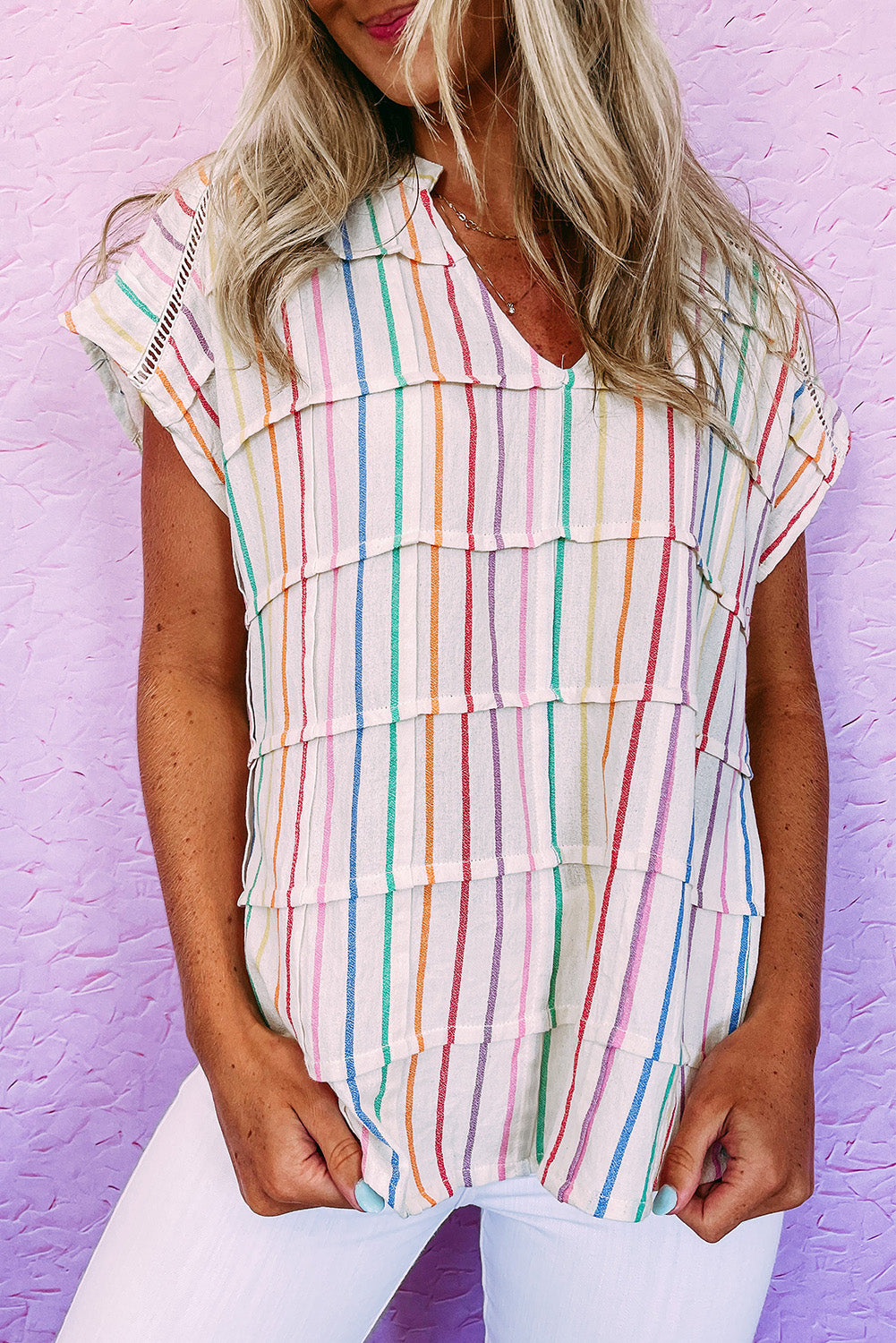 Multicolor Striped Print V Neck Cap Sleeve Blouse