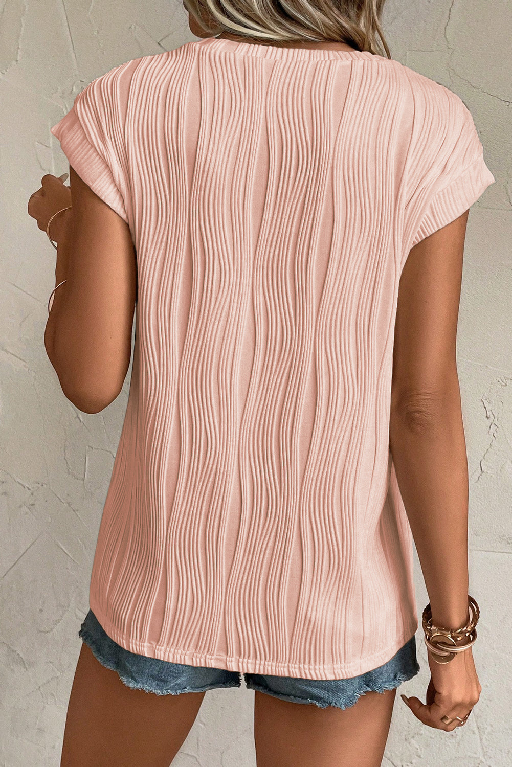 Apricot Wavy Textured Cap Sleeve Round Neck Blouse