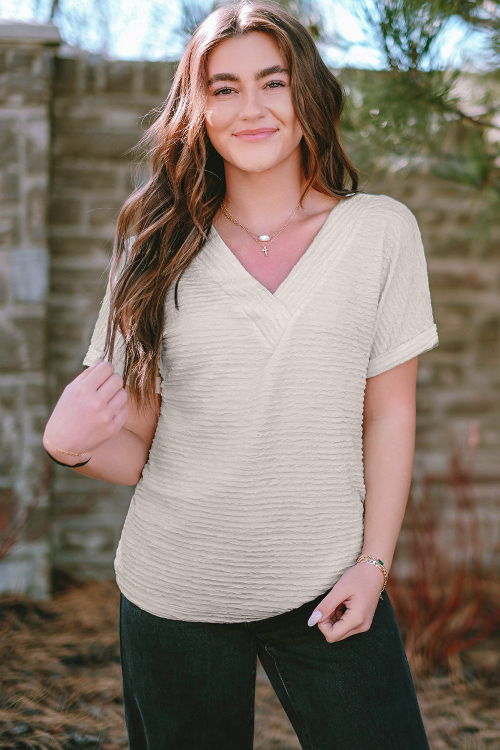 Pale Khaki Solid Color V-Neck Textured T Shirt