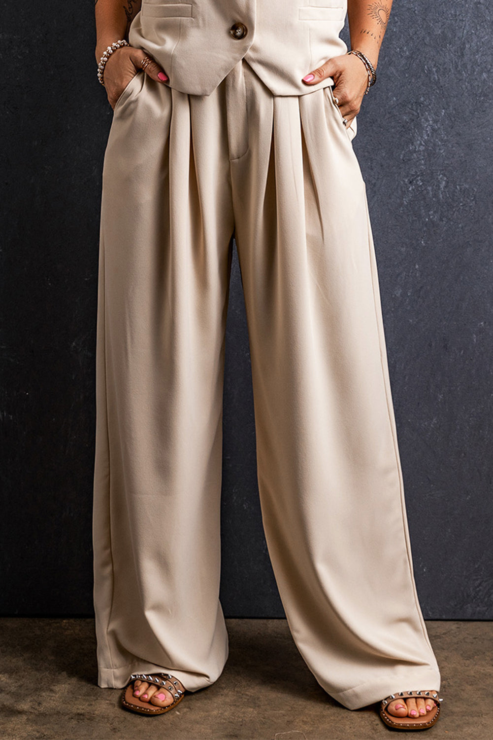 Apricot Elastic Waist Pleated Wide Leg Pants