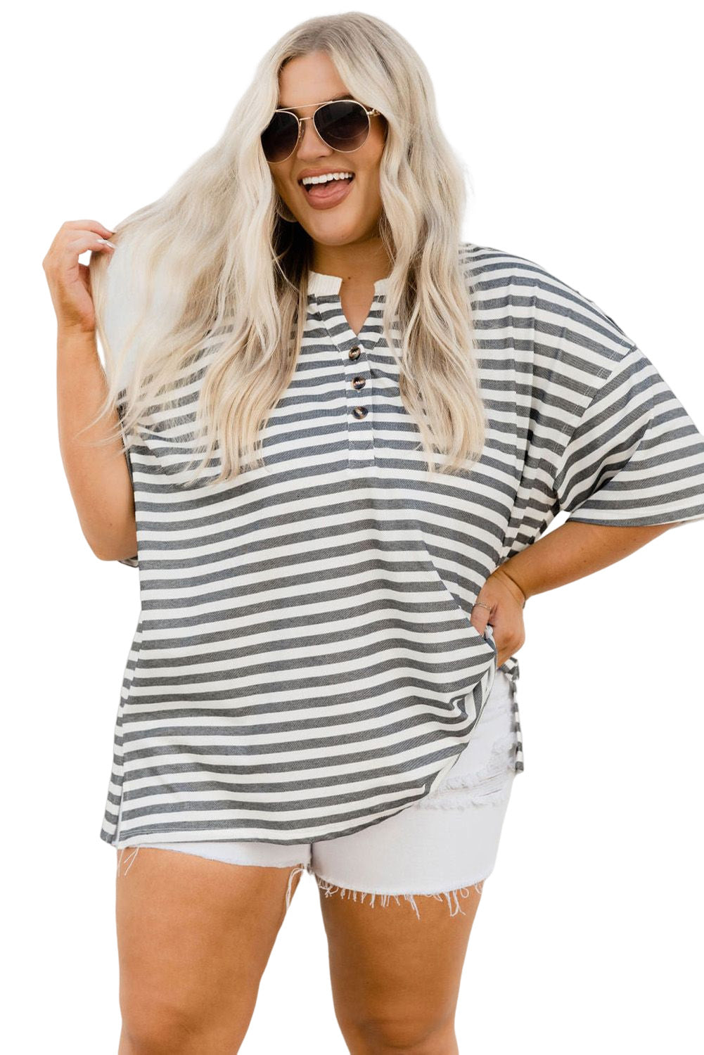 Striped Casual Plus Size Button Neck Henley Tee