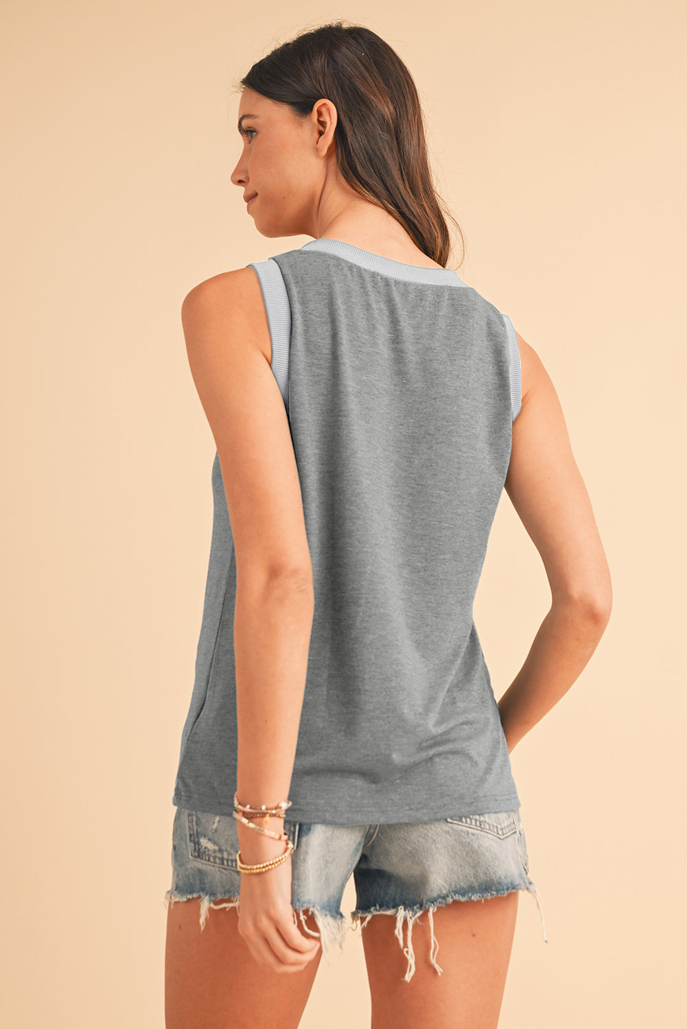 Mist Green Contrast Trim V-Neck Loose Fit Tank Top