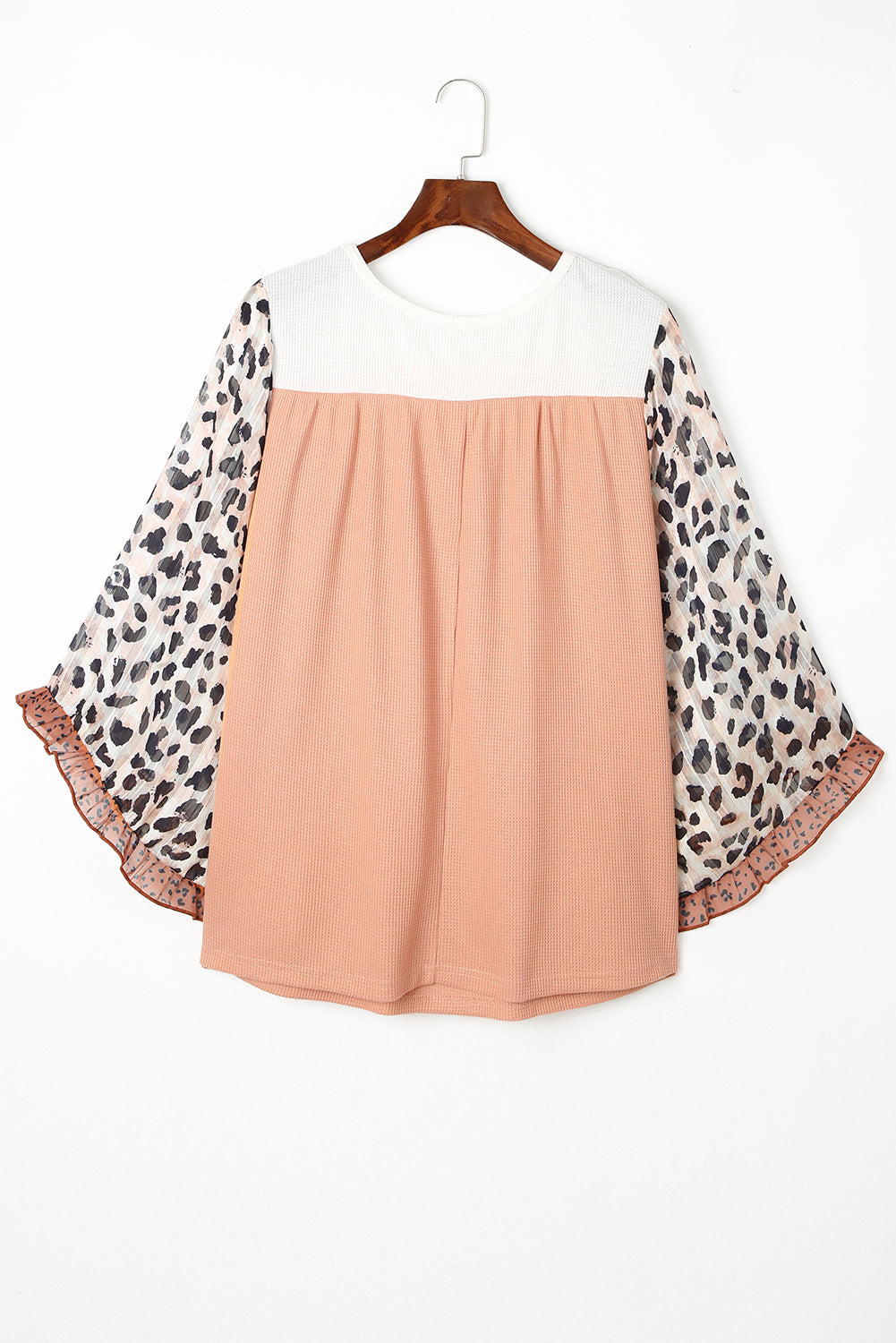 Khaki Plus Ruffle Leopard Sleeve Waffled Color Block Top