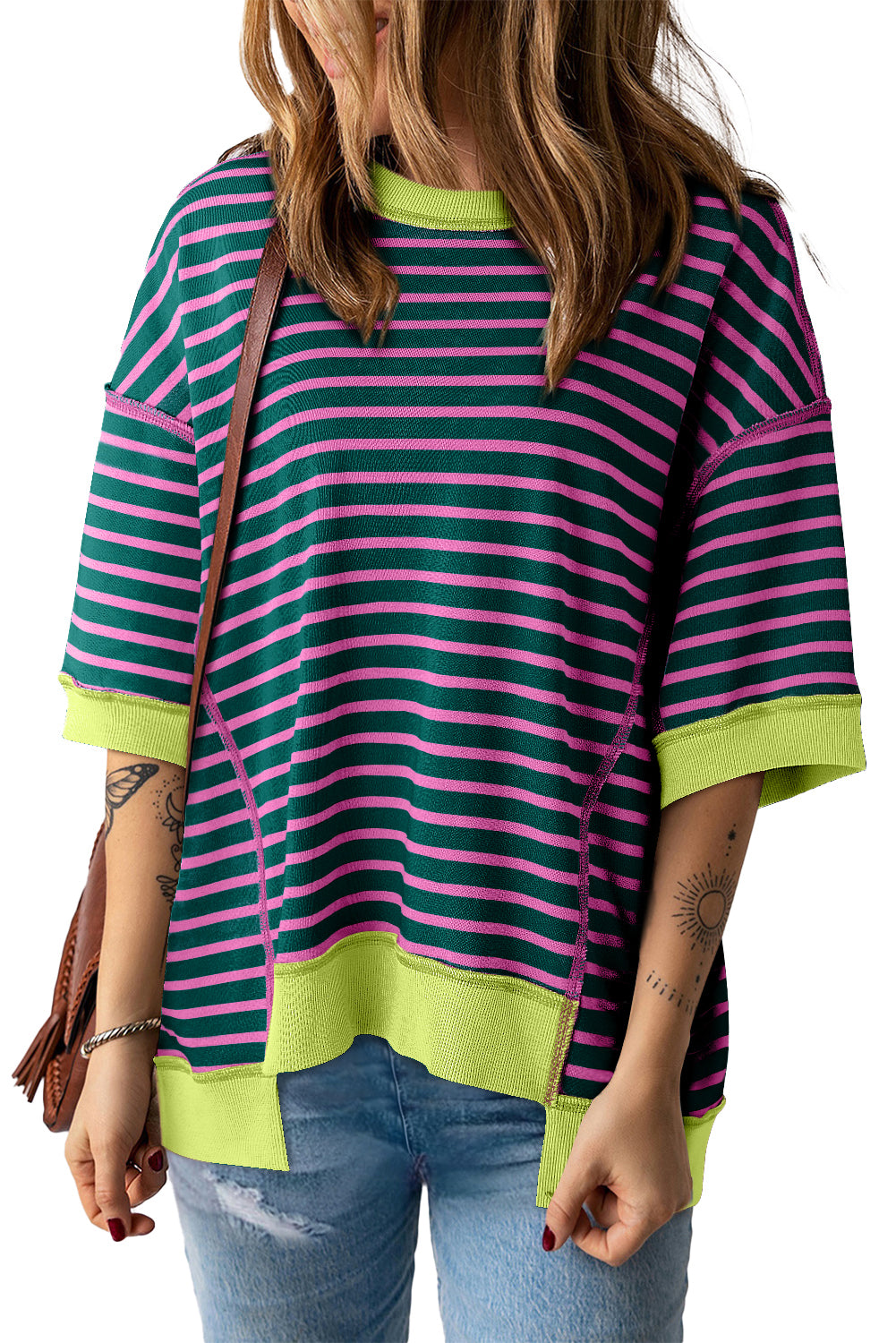 Pink Stripe Colorblock Drop Sleeve Oversized T Shirt