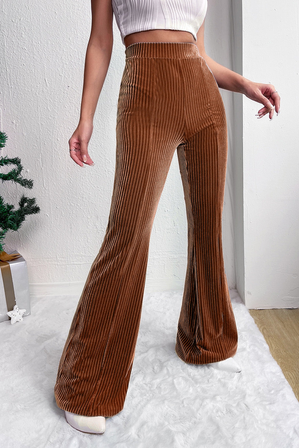 Dusty Pink Solid Color High Waist Corduroy Flare Pants