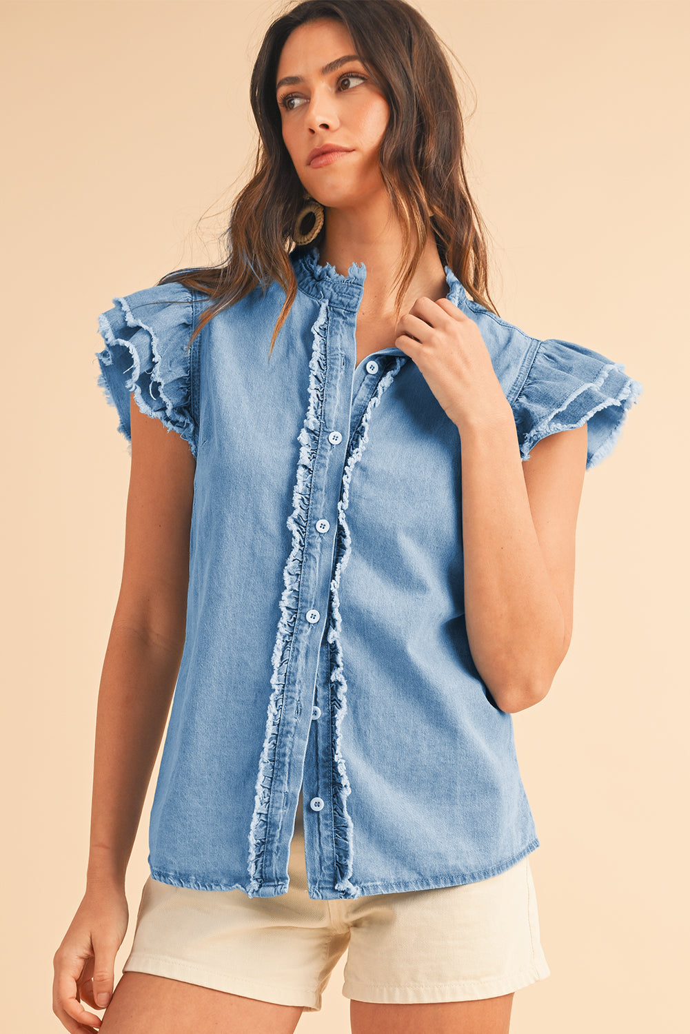 Wholesale Ashleigh Blue Button Front Ruffled Flutter Frayed Denim Top