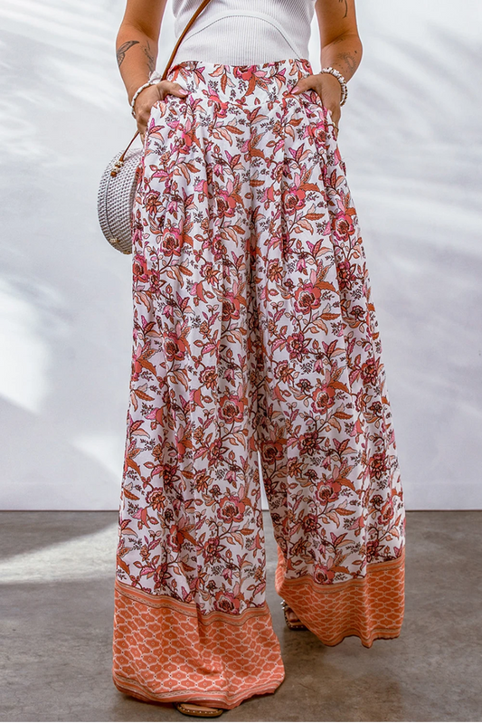 Red Floral Print Shirred High Waist Wide Leg Pants