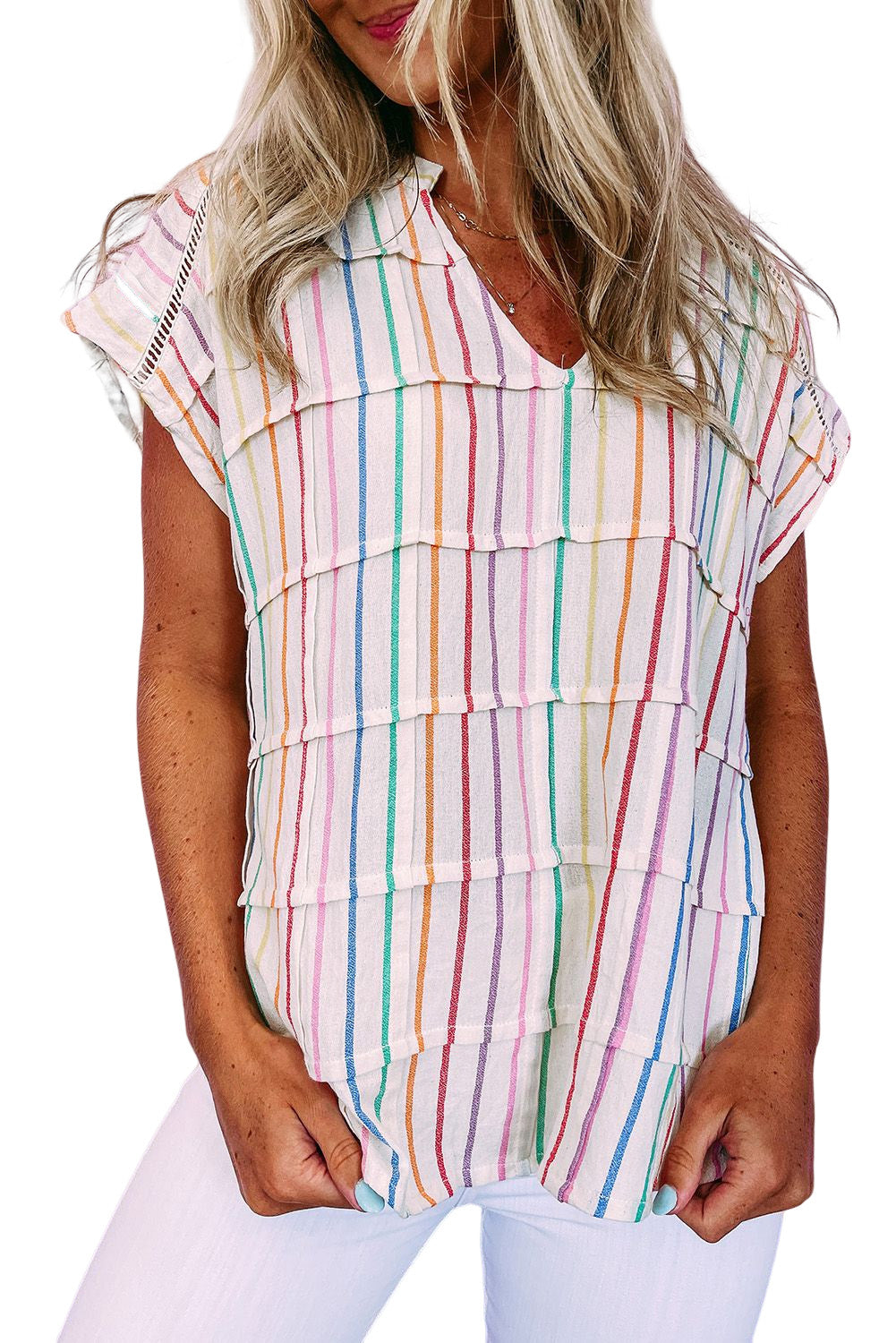 Multicolor Striped Print V Neck Cap Sleeve Blouse