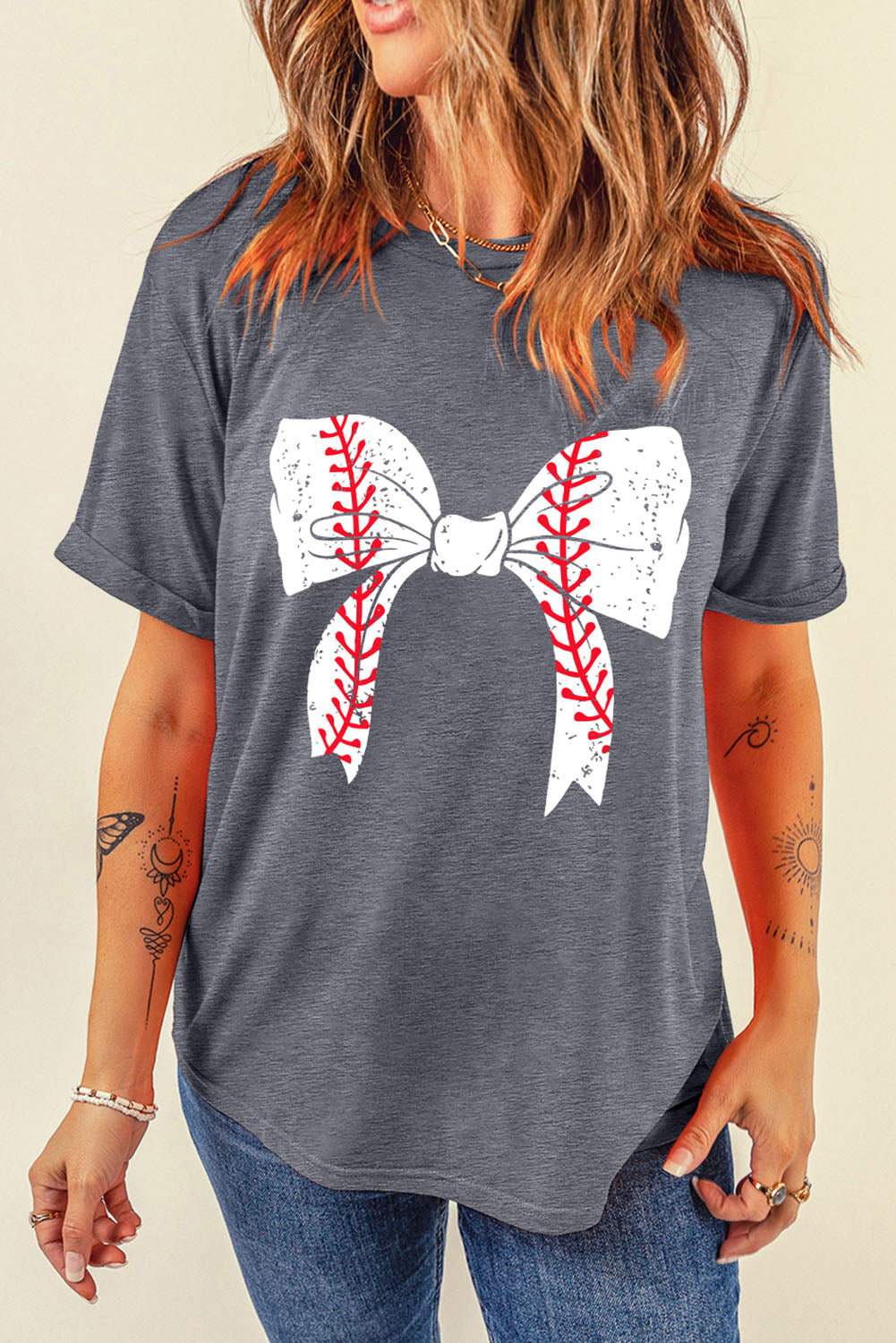 Gray Casual Baseball Bowknot Graphic Roll Up Sleeve Tee