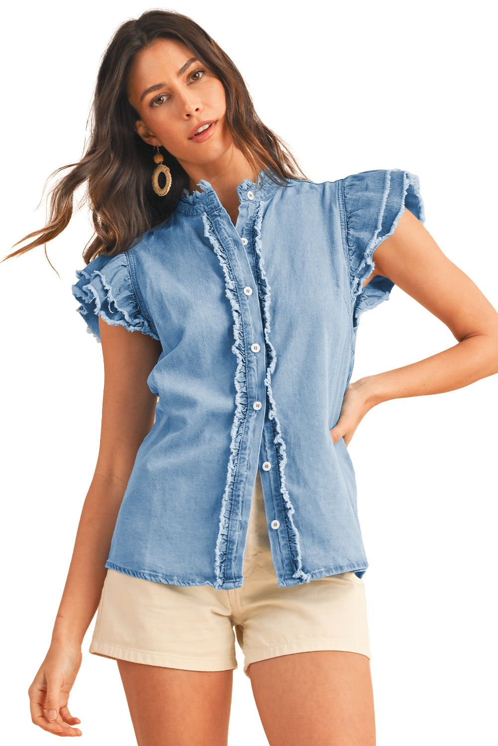 Wholesale Ashleigh Blue Button Front Ruffled Flutter Frayed Denim Top