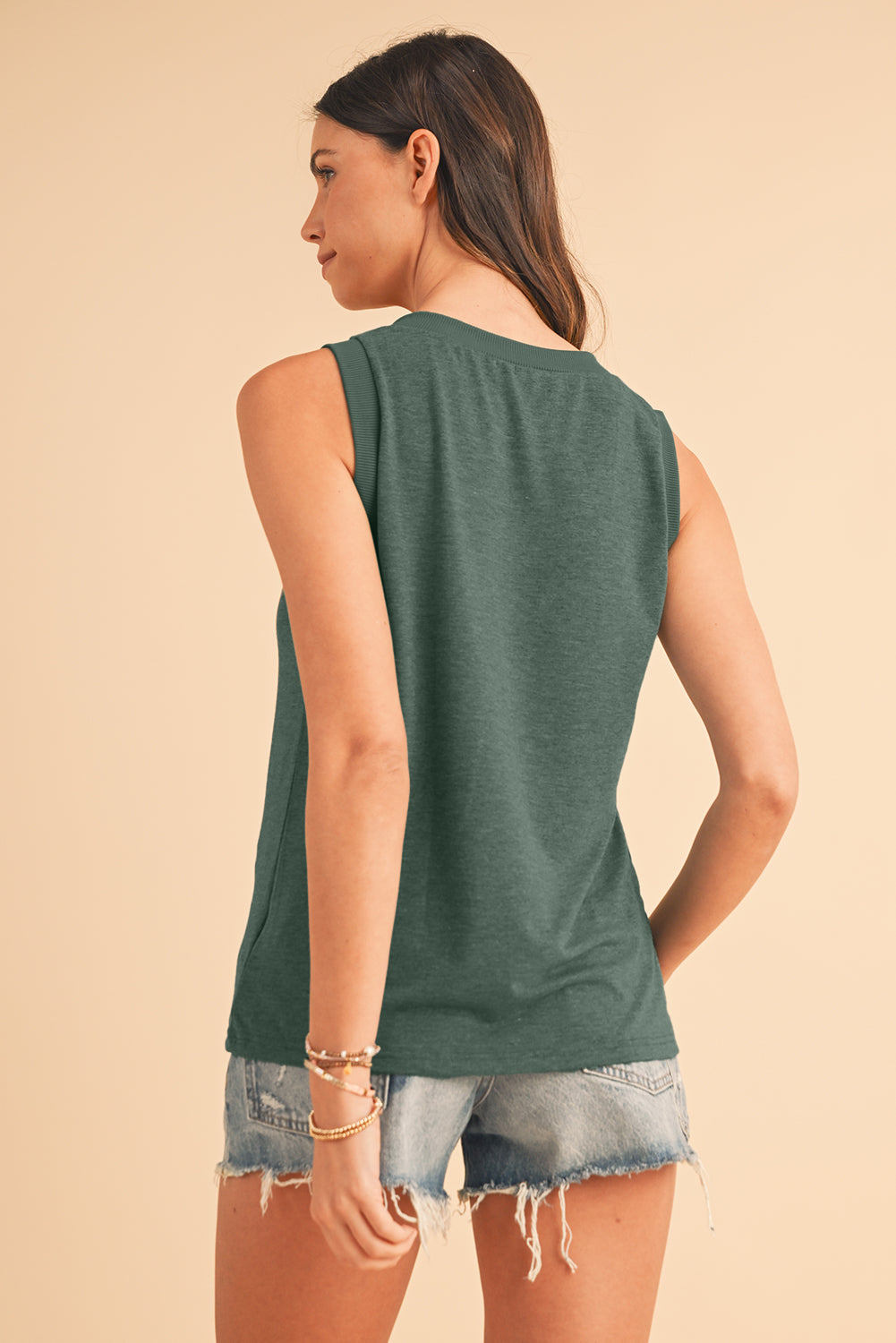 Mist Green Contrast Trim V-Neck Loose Fit Tank Top