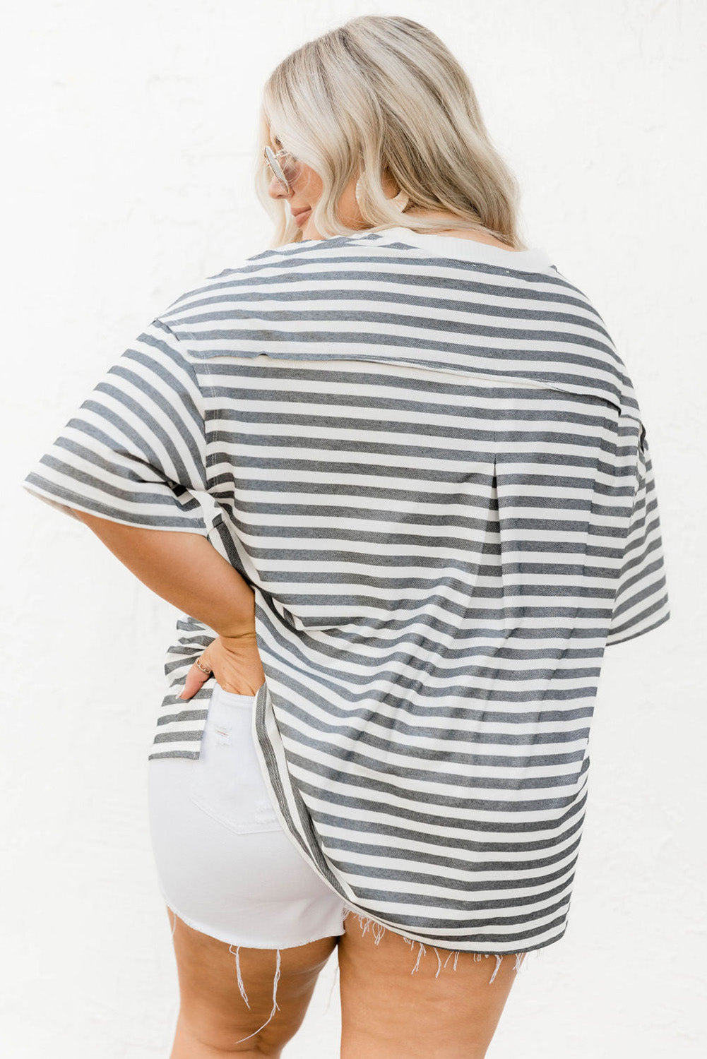 Striped Casual Plus Size Button Neck Henley Tee