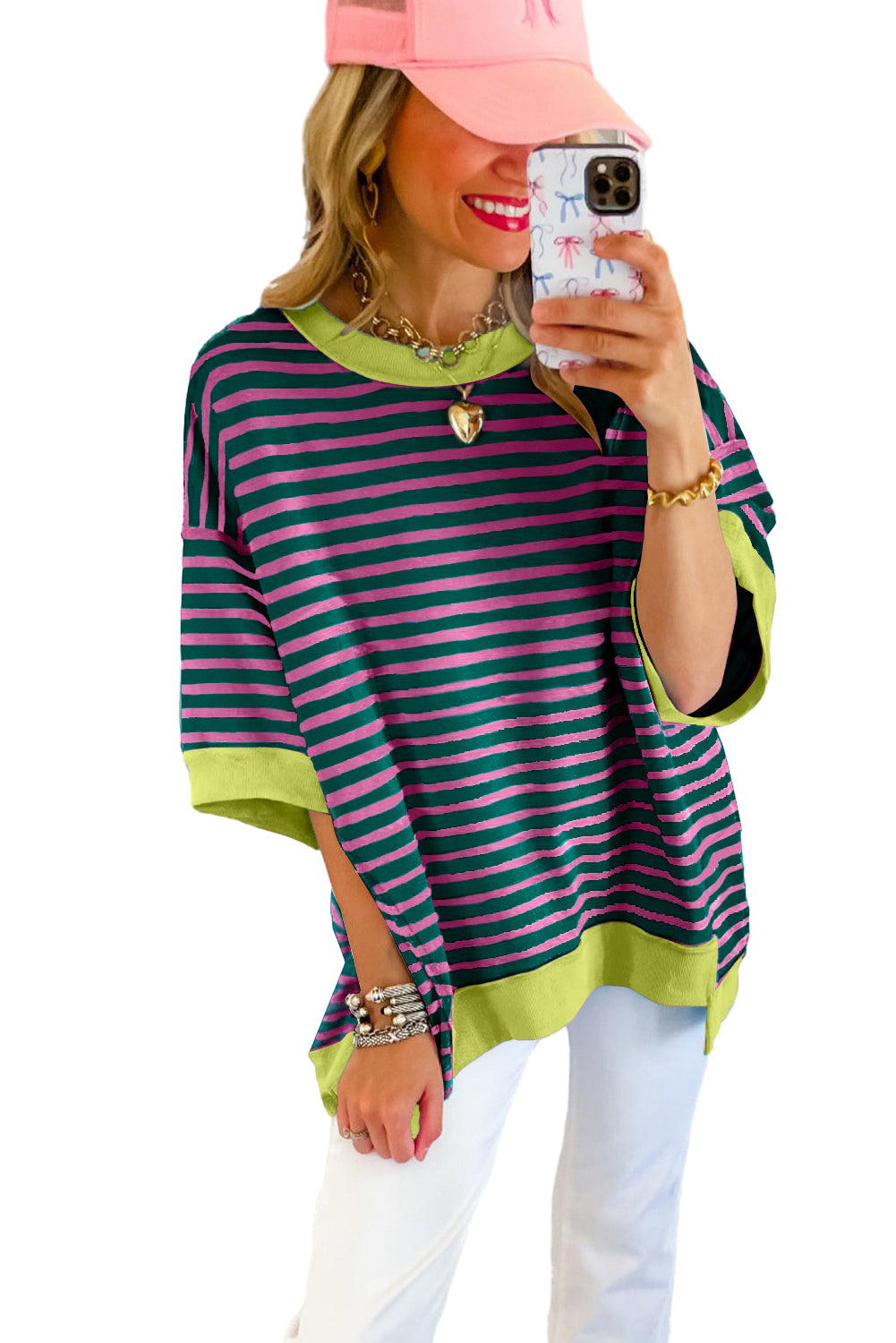 Pink Stripe Colorblock Drop Sleeve Oversized T Shirt