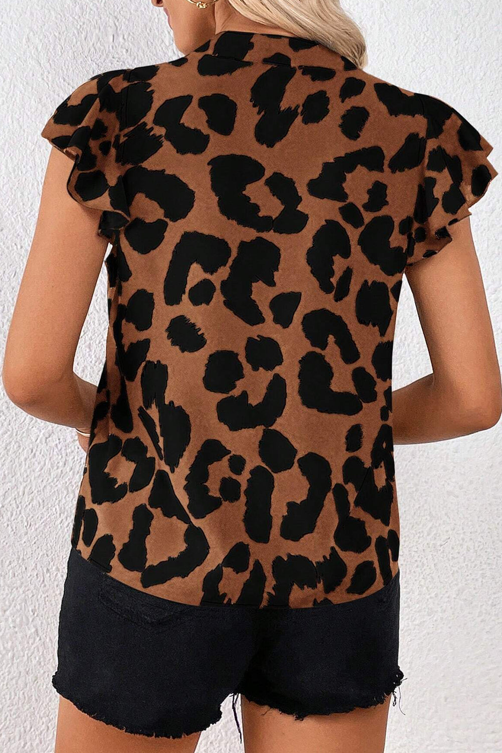 Black Leopard Ruffled Flutter Sleeve Split Neck Blouse