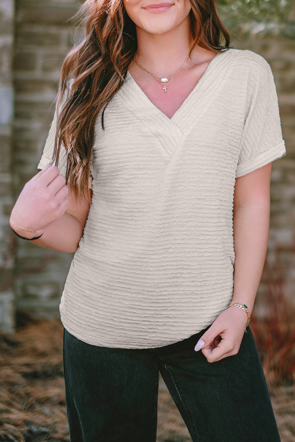 Pale Khaki Solid Color V-Neck Textured T Shirt