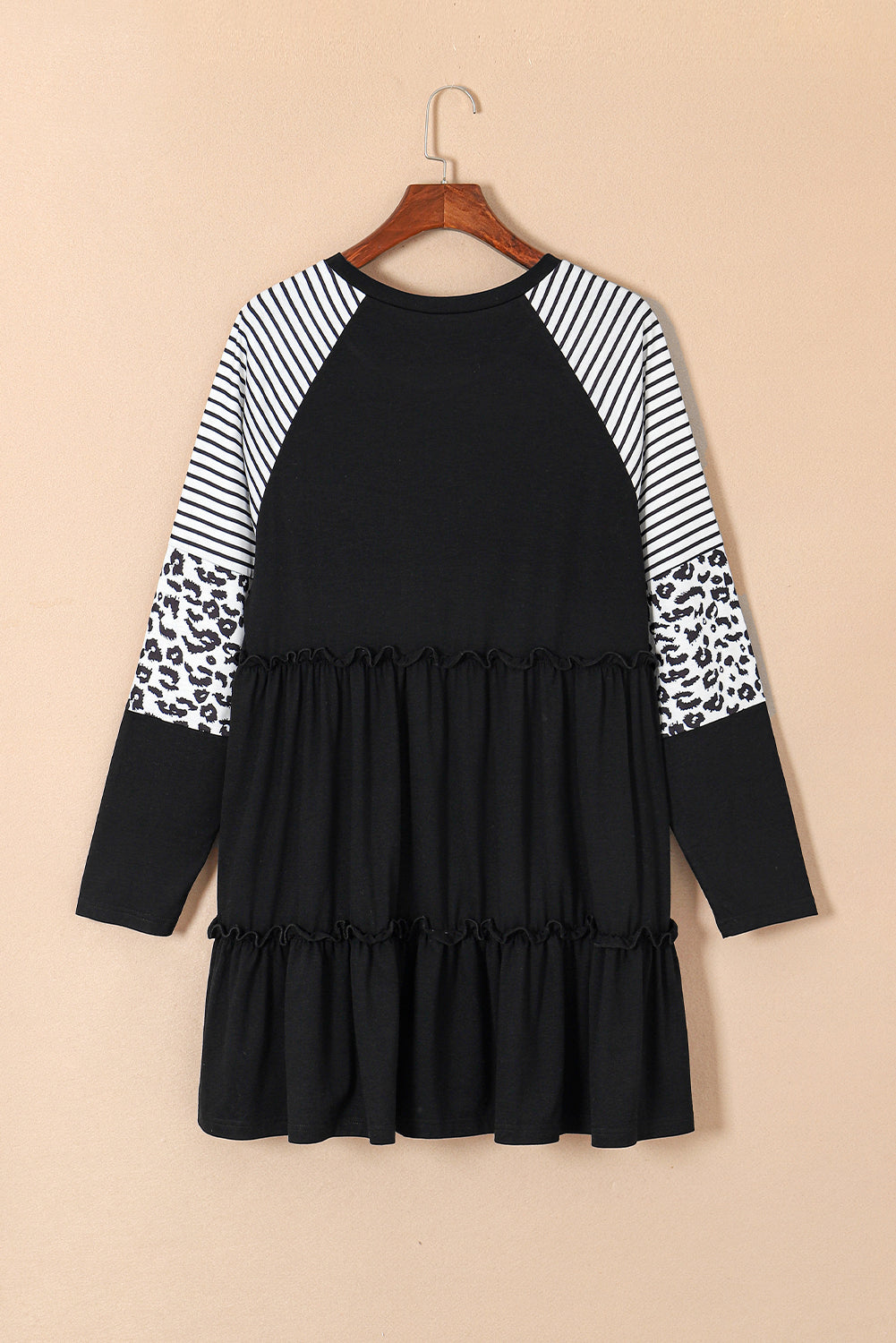 Black Plus Size Striped & Leopard Patch Sleeve Ruffle Tiered Dress
