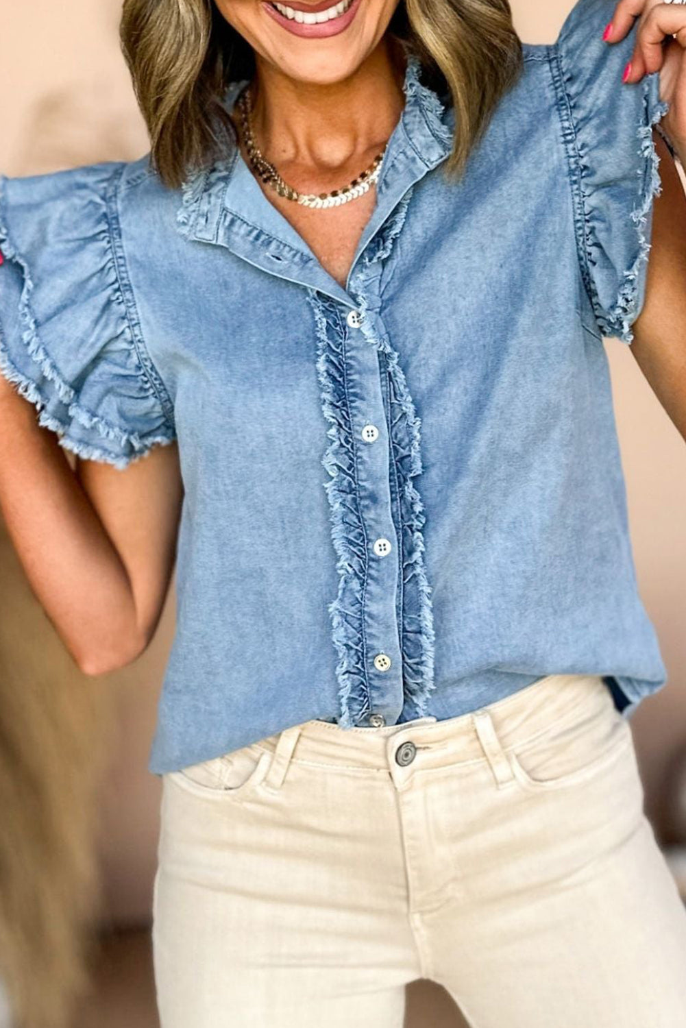 Wholesale Ashleigh Blue Button Front Ruffled Flutter Frayed Denim Top