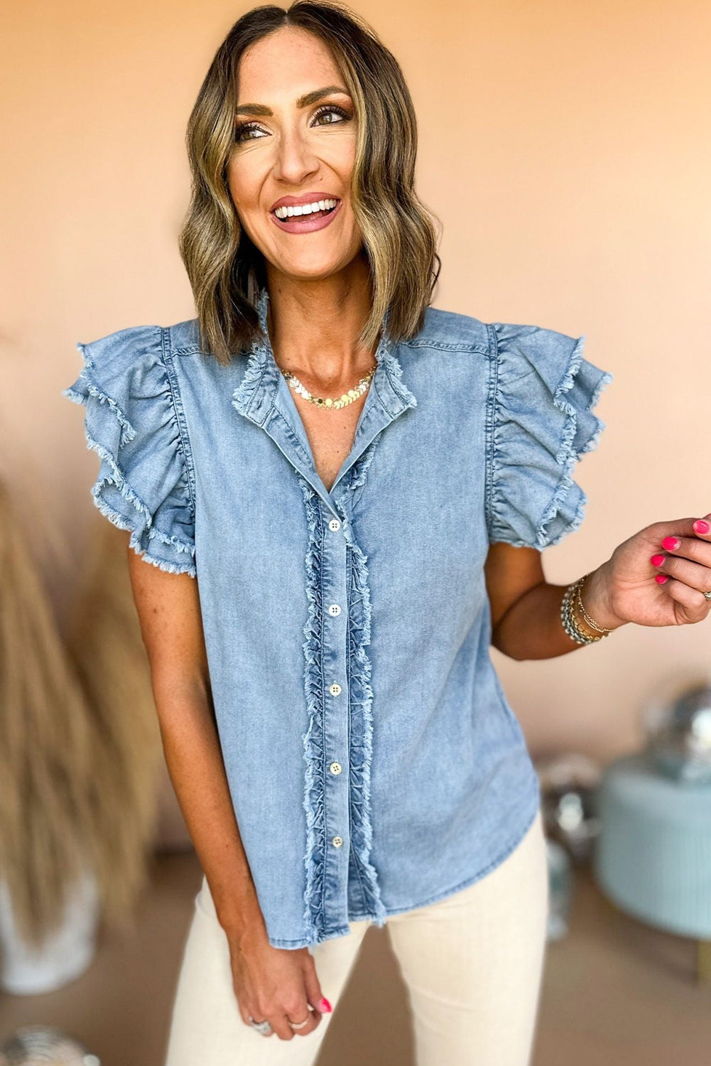 Wholesale Ashleigh Blue Button Front Ruffled Flutter Frayed Denim Top