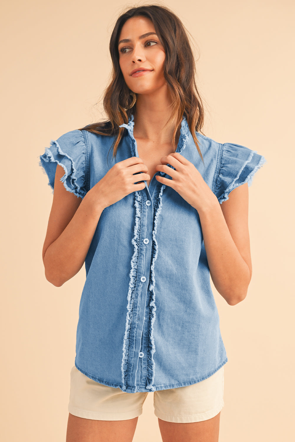 Wholesale Ashleigh Blue Button Front Ruffled Flutter Frayed Denim Top