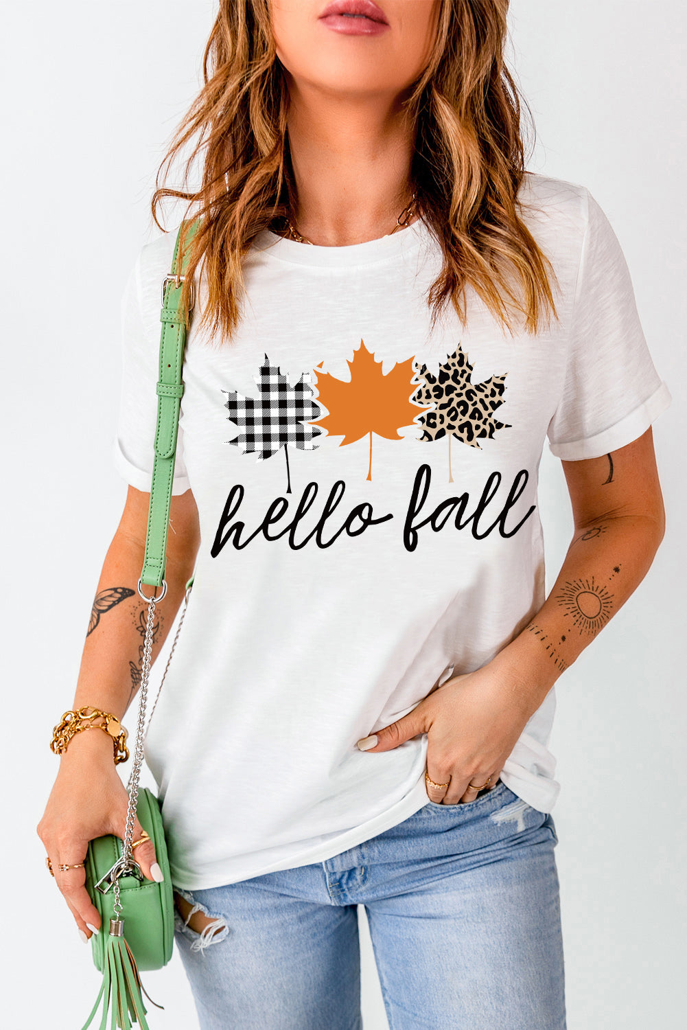 White Hello Fall Maple Leaves Casual Short Sleeve Graphic Tee