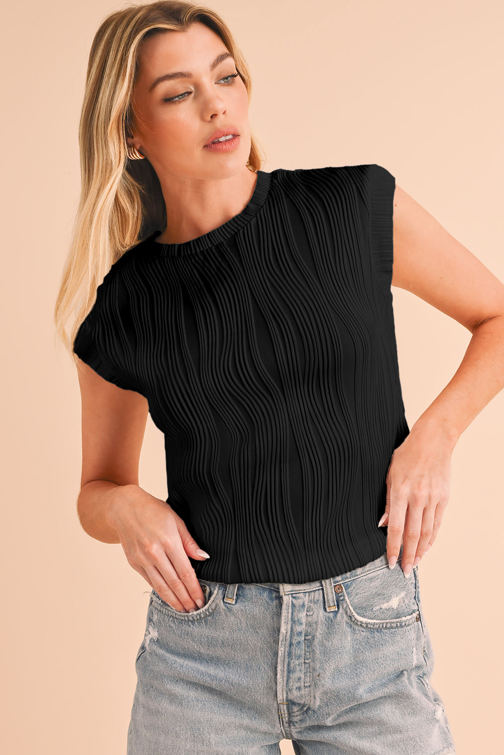 Apricot Wavy Textured Cap Sleeve Round Neck Blouse