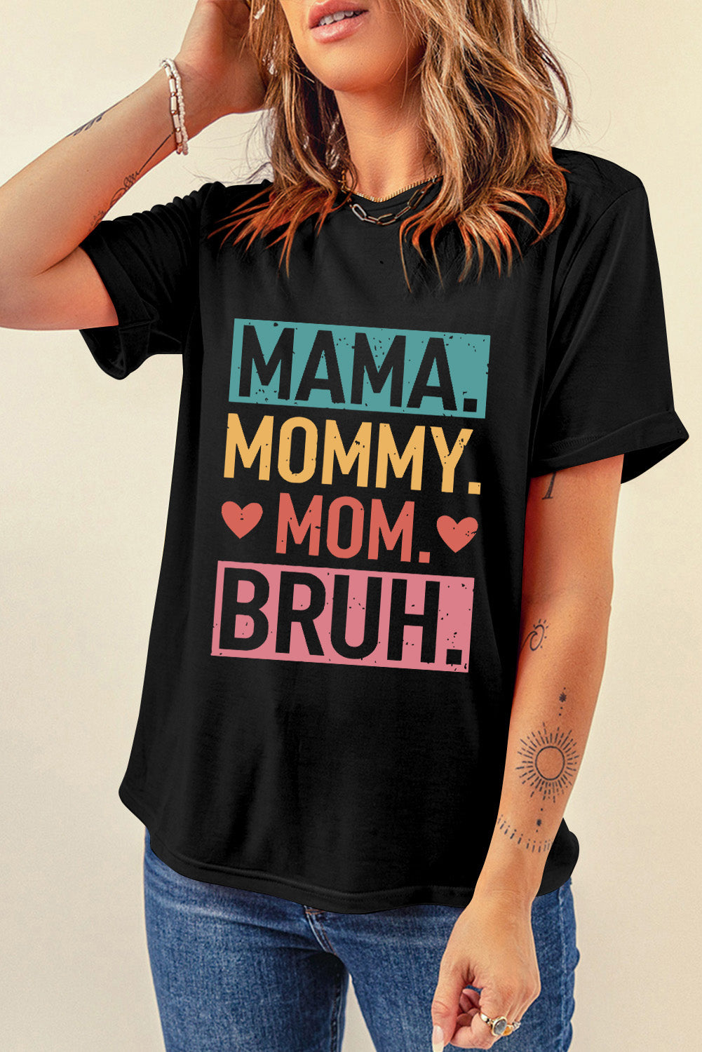 Black MAMA MOMMY MOM BRUH Letter Graphic Tee