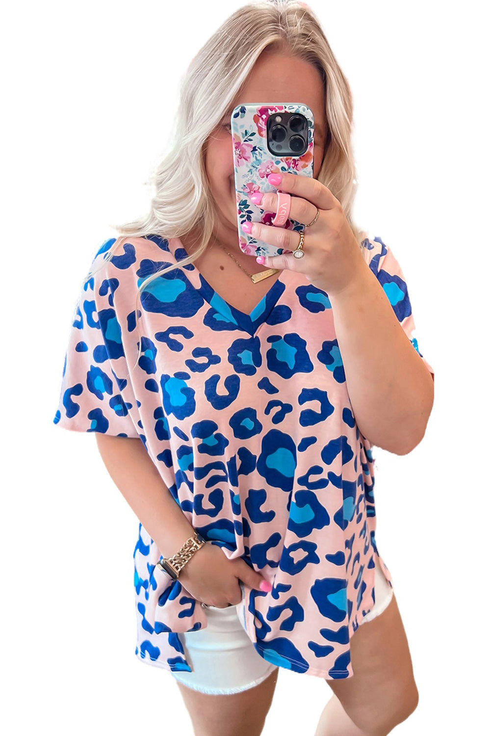 Rose Leopard Print V Neck Plus Size Tee