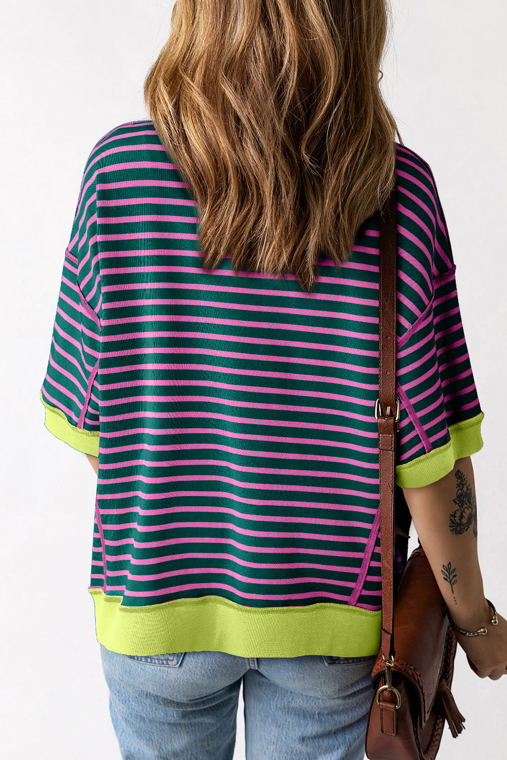 Pink Stripe Colorblock Drop Sleeve Oversized T Shirt