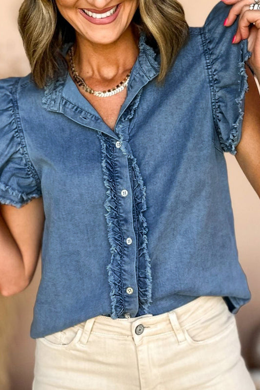 Wholesale Ashleigh Blue Button Front Ruffled Flutter Frayed Denim Top