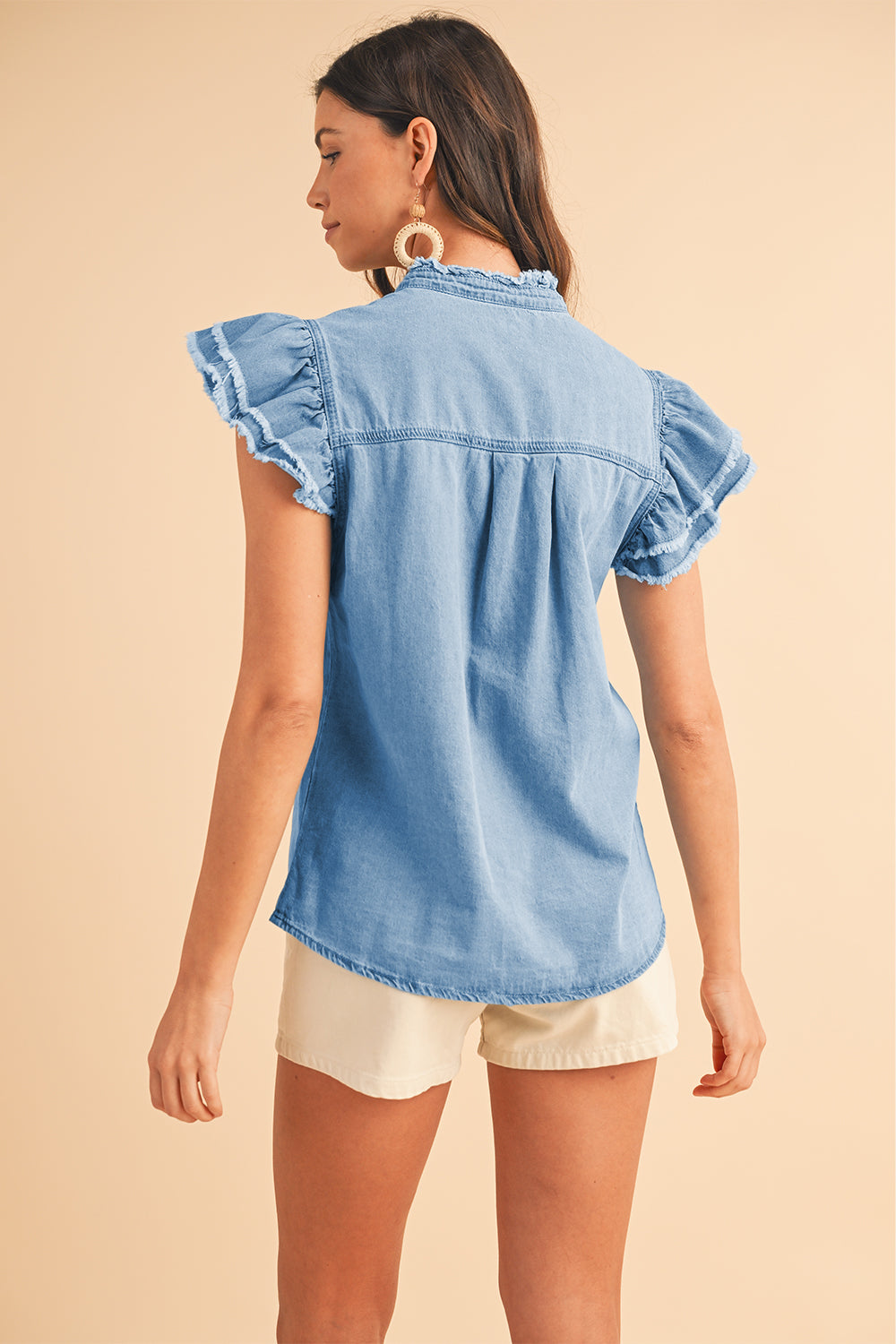 Wholesale Ashleigh Blue Button Front Ruffled Flutter Frayed Denim Top