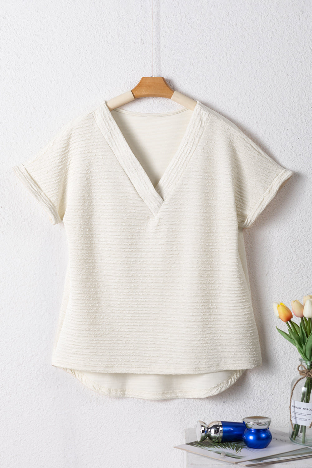 Pale Khaki Solid Color V-Neck Textured T Shirt