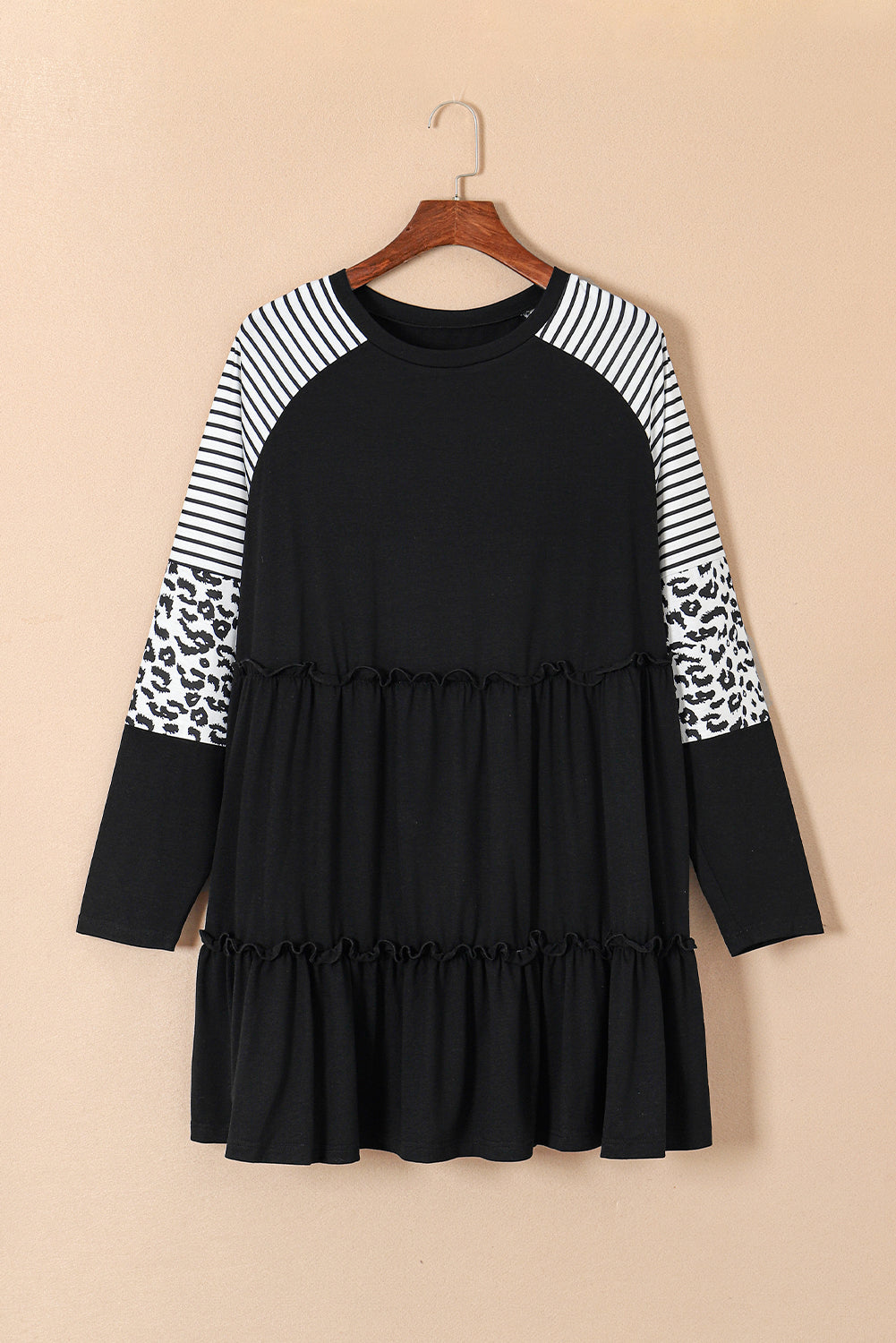 Black Plus Size Striped & Leopard Patch Sleeve Ruffle Tiered Dress