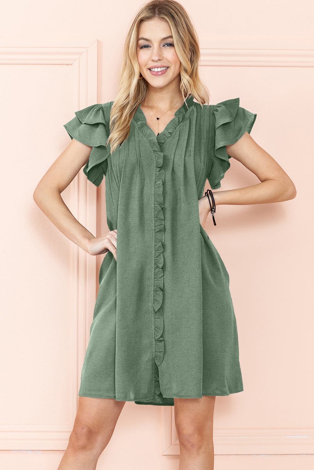 Mist Green Ruffle Trim Sleeve V Neck Pocketed Mini Dress