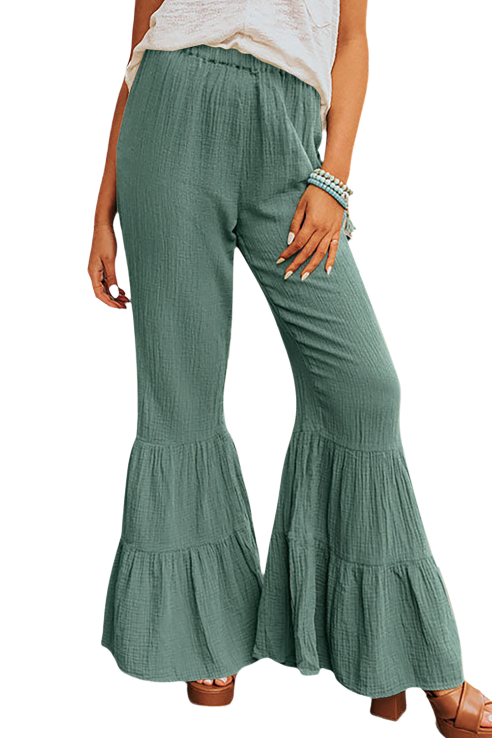 Wholesale Green Ruffle High Waist Flared Pants