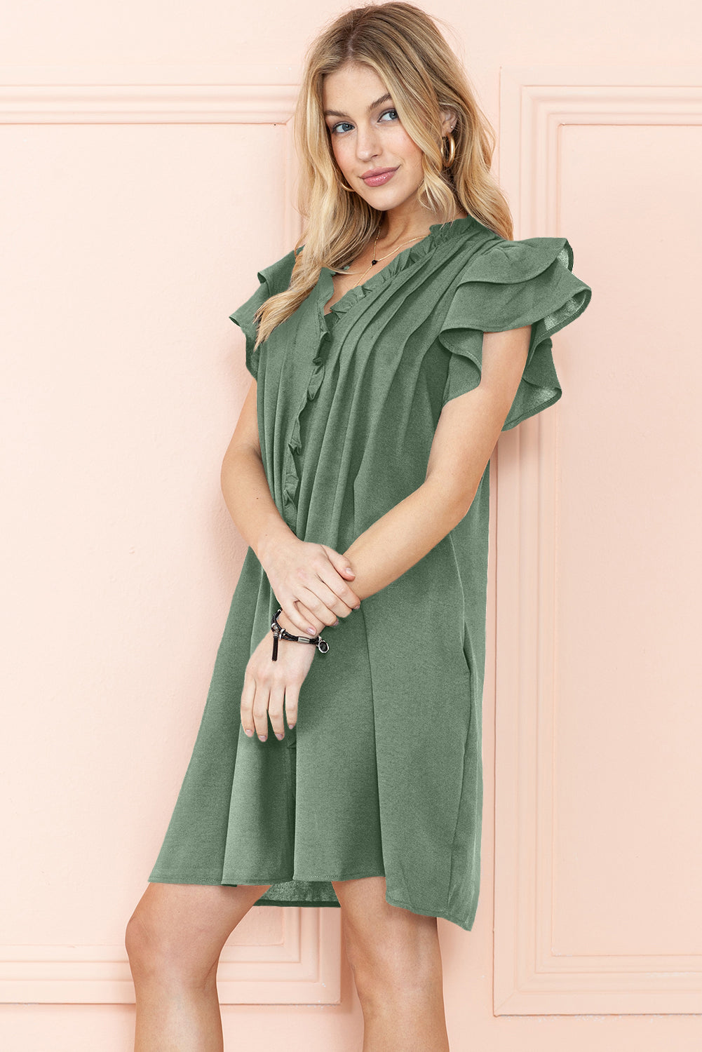 Mist Green Ruffle Trim Sleeve V Neck Pocketed Mini Dress