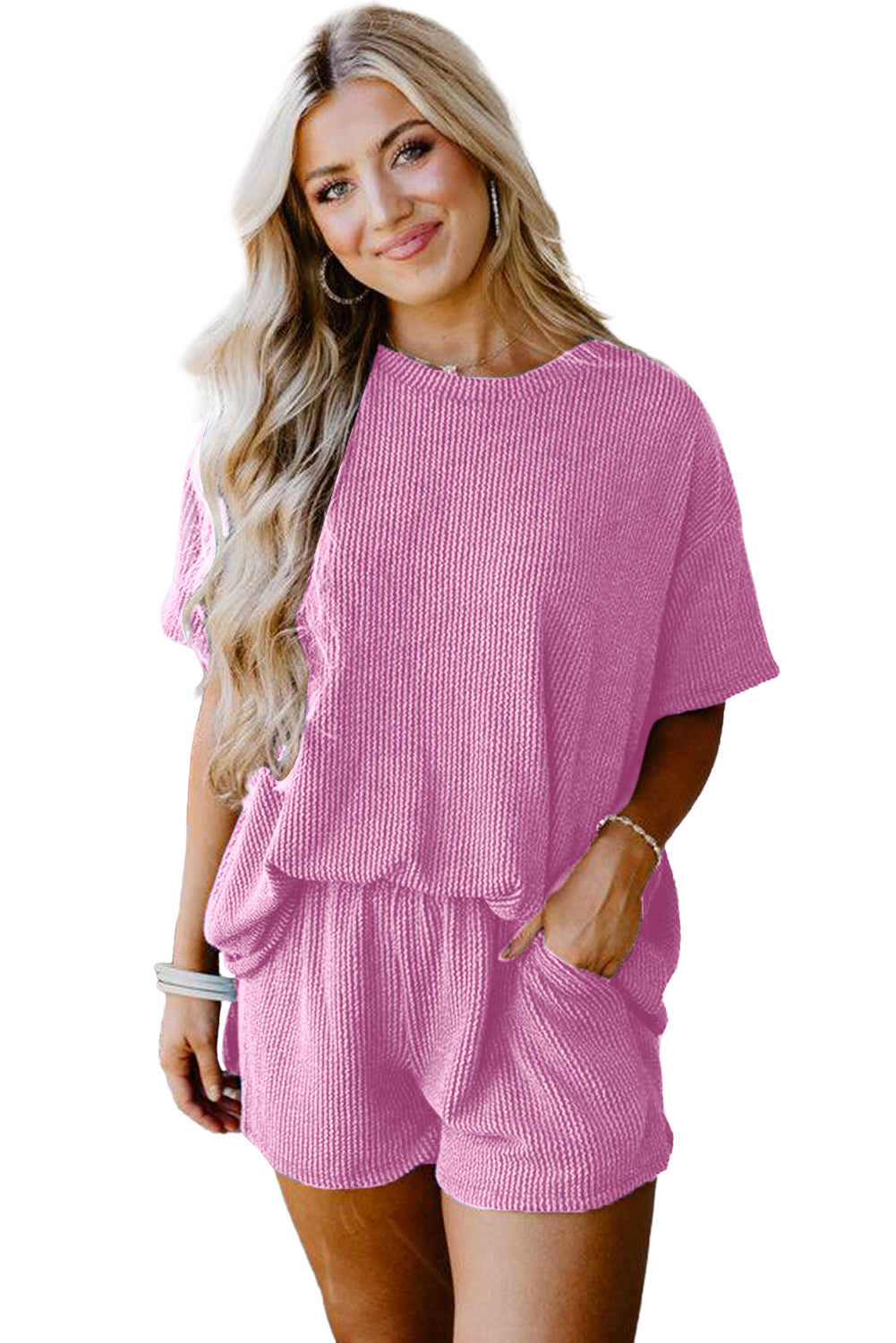 Carbon Grey Ribbed Textured Knit Loose Fit Tee and Shorts Set