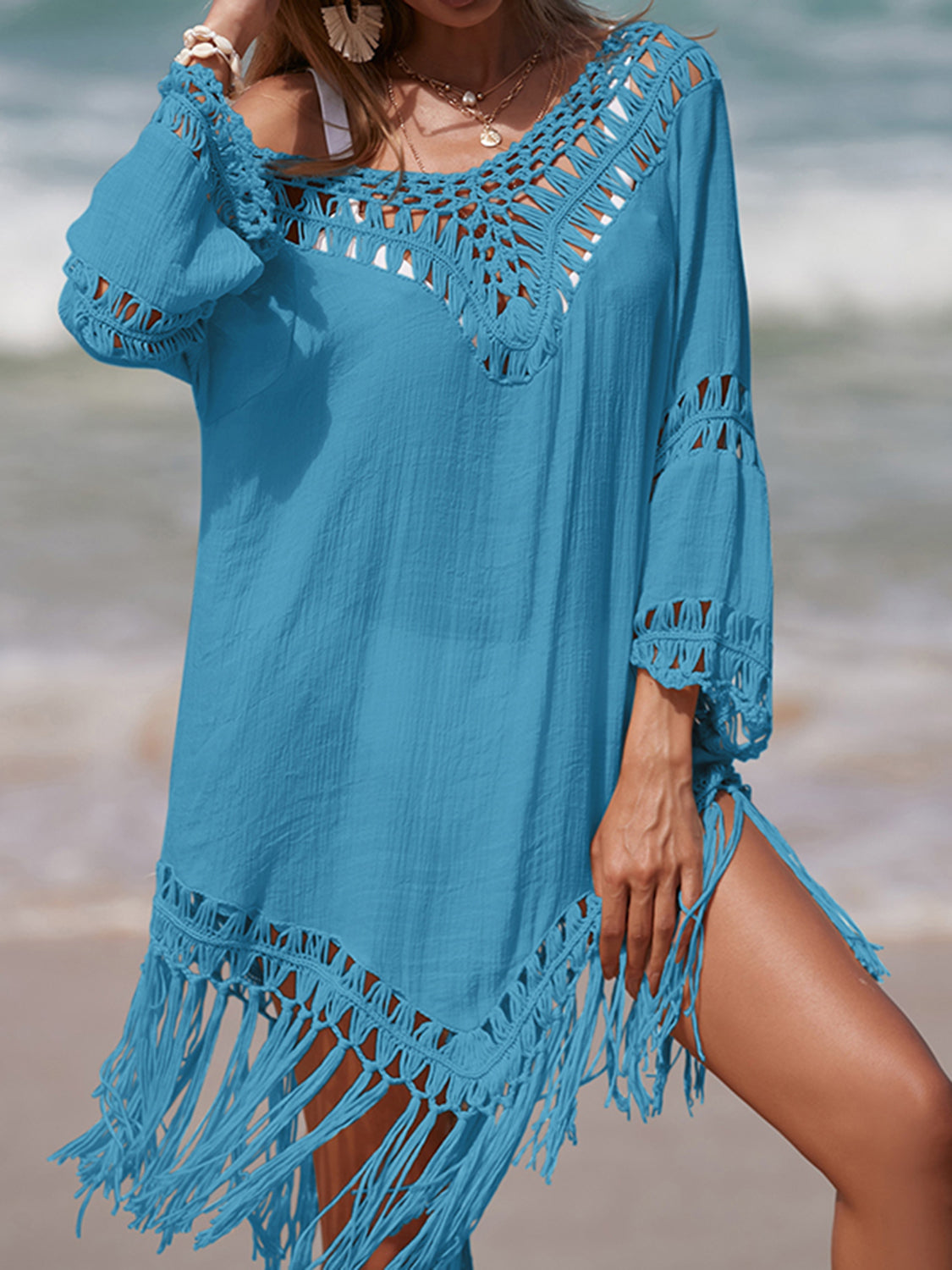 Cutout Fringe Scoop Neck Cover-Up