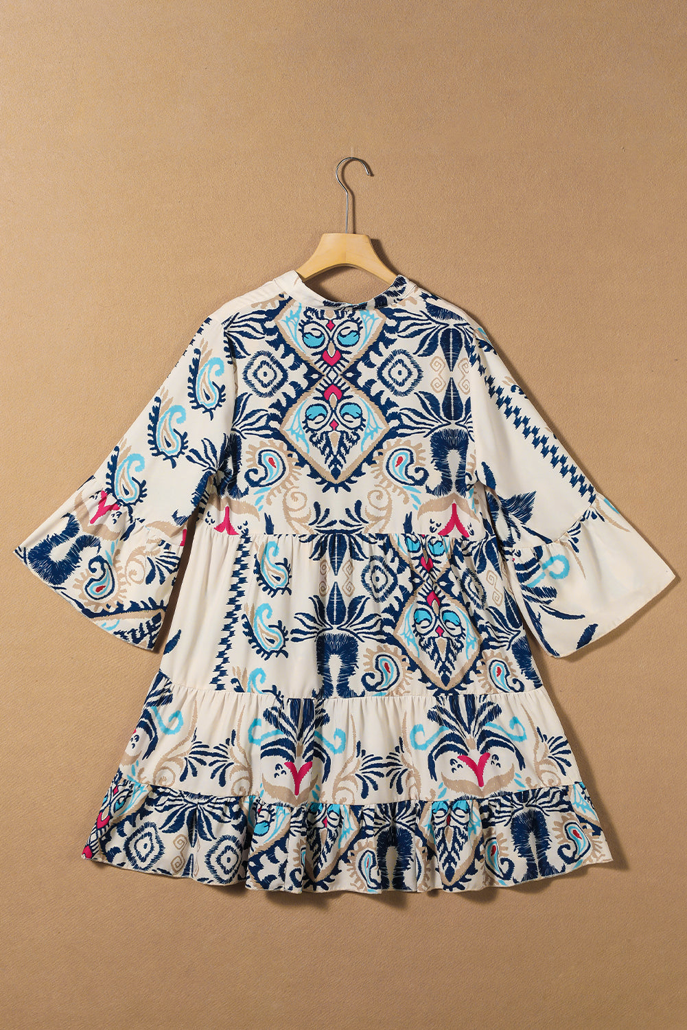 White Ethnic Print Boho Button Tiered Mini Dress