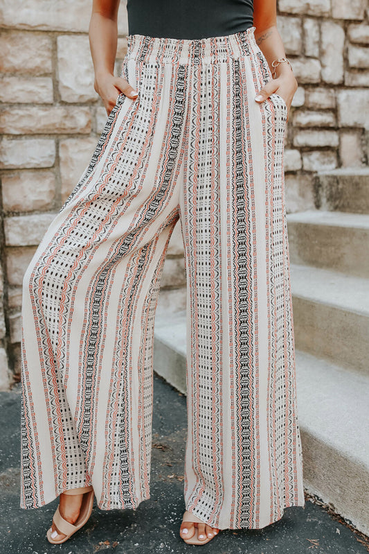 Beige Geometric Print Casual Shirred Wide Leg Pants