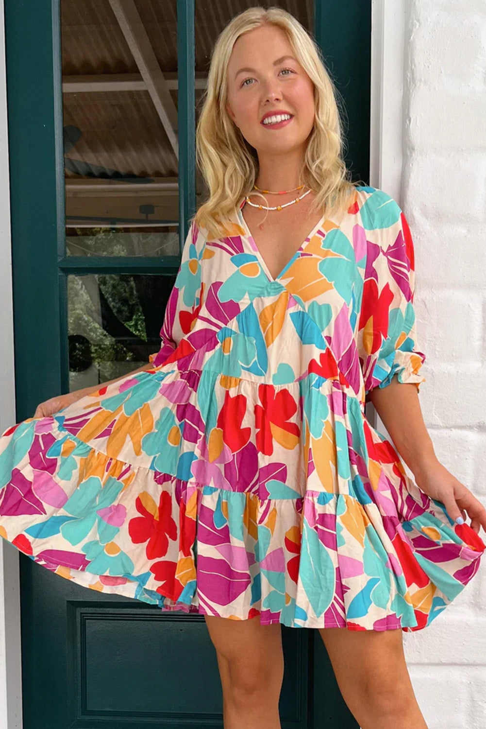 Multicolour Plus Size Floral Tiered V Neck Ruffle Sleeve Dress