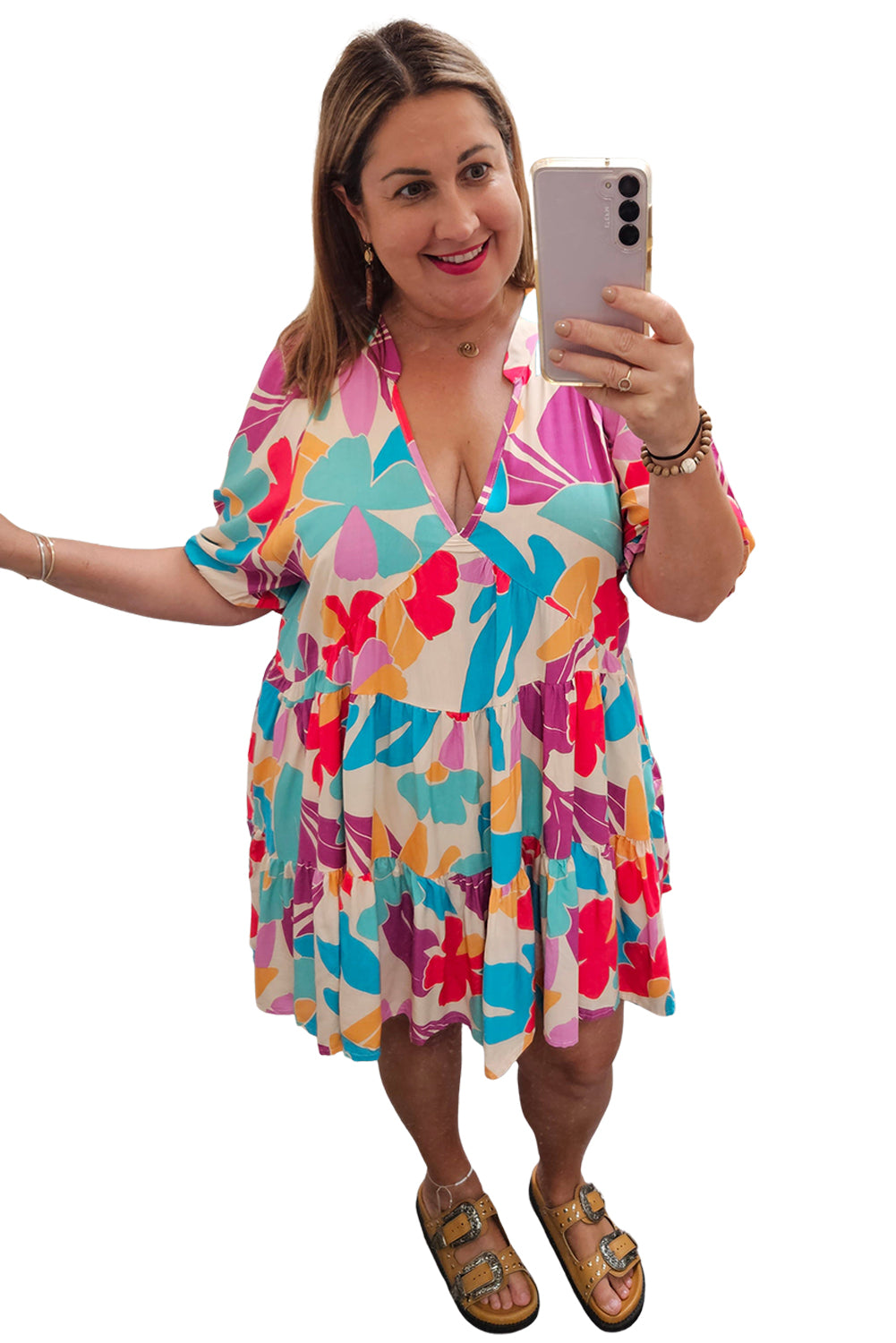 Multicolour Plus Size Floral Tiered V Neck Ruffle Sleeve Dress