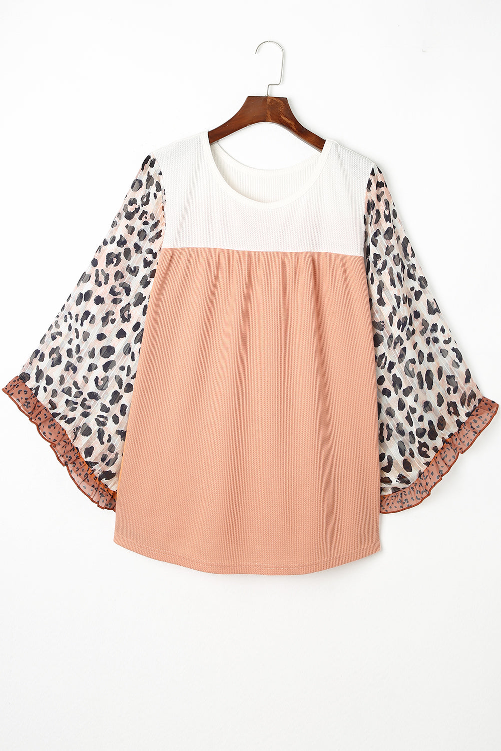 Khaki Plus Ruffle Leopard Sleeve Waffled Color Block Top